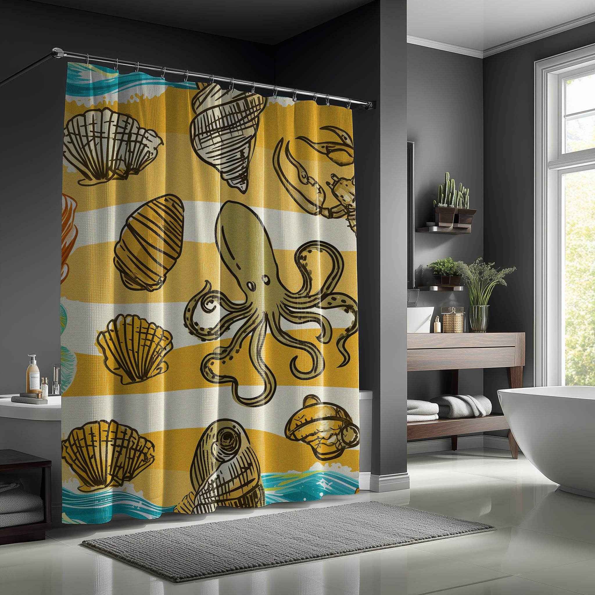 Ocean-Inspired Shower Curtain with Seashell and Octopus Design
