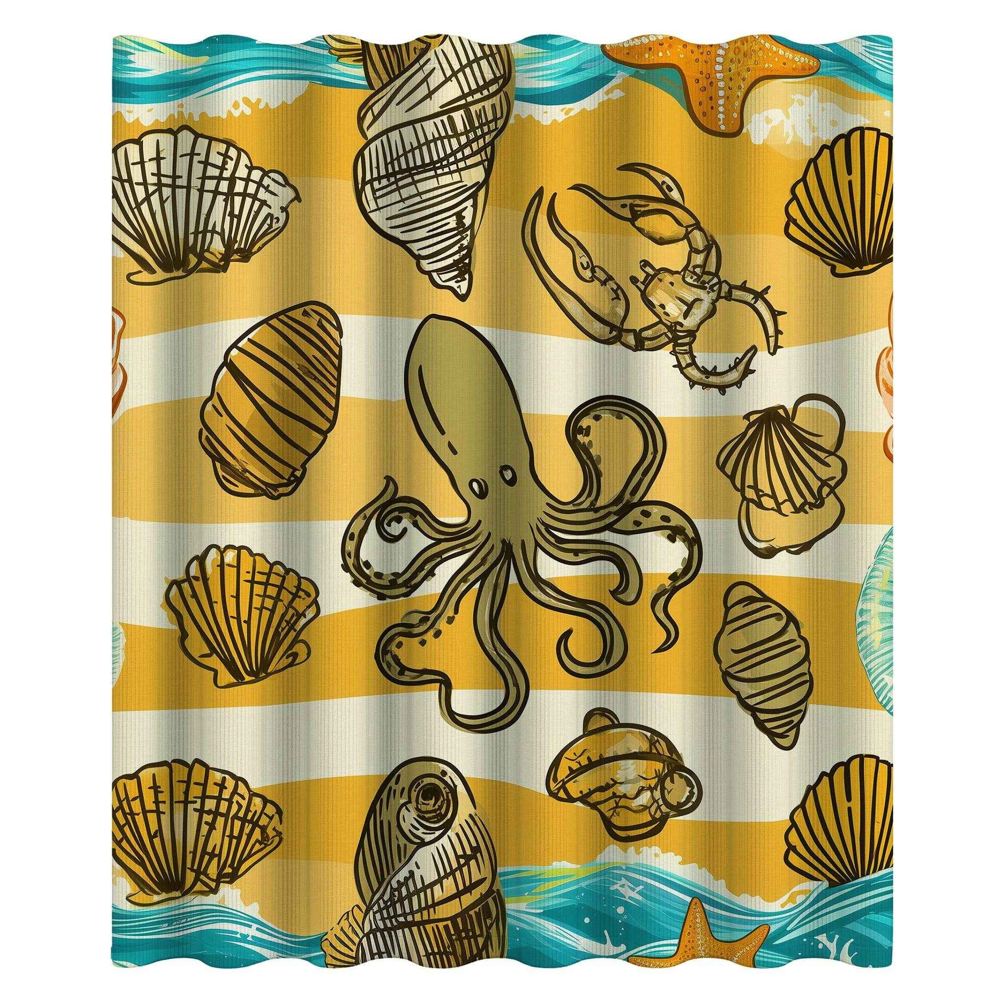 Ocean-Inspired Shower Curtain with Seashell and Octopus Design