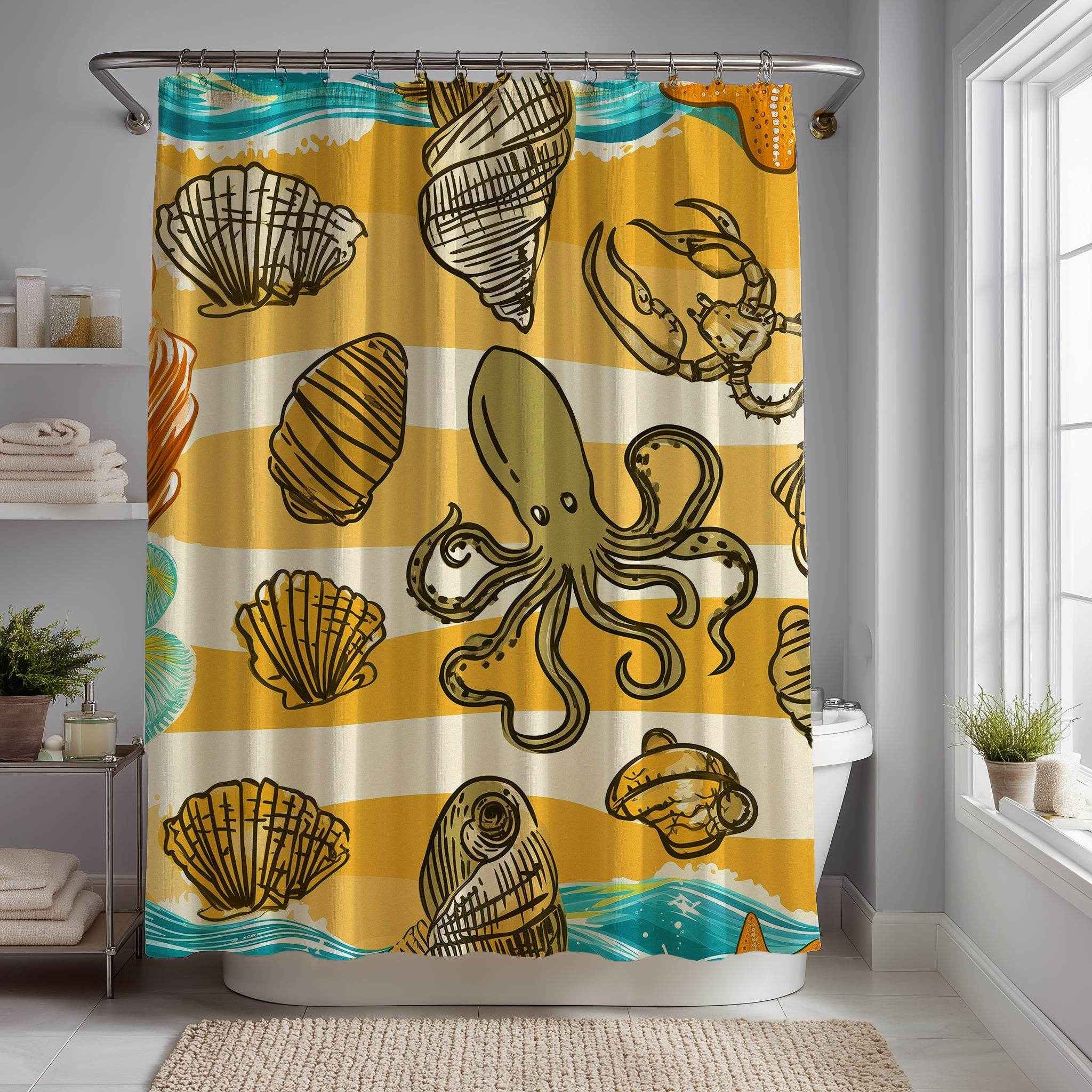 Ocean-Inspired Shower Curtain with Seashell and Octopus Design