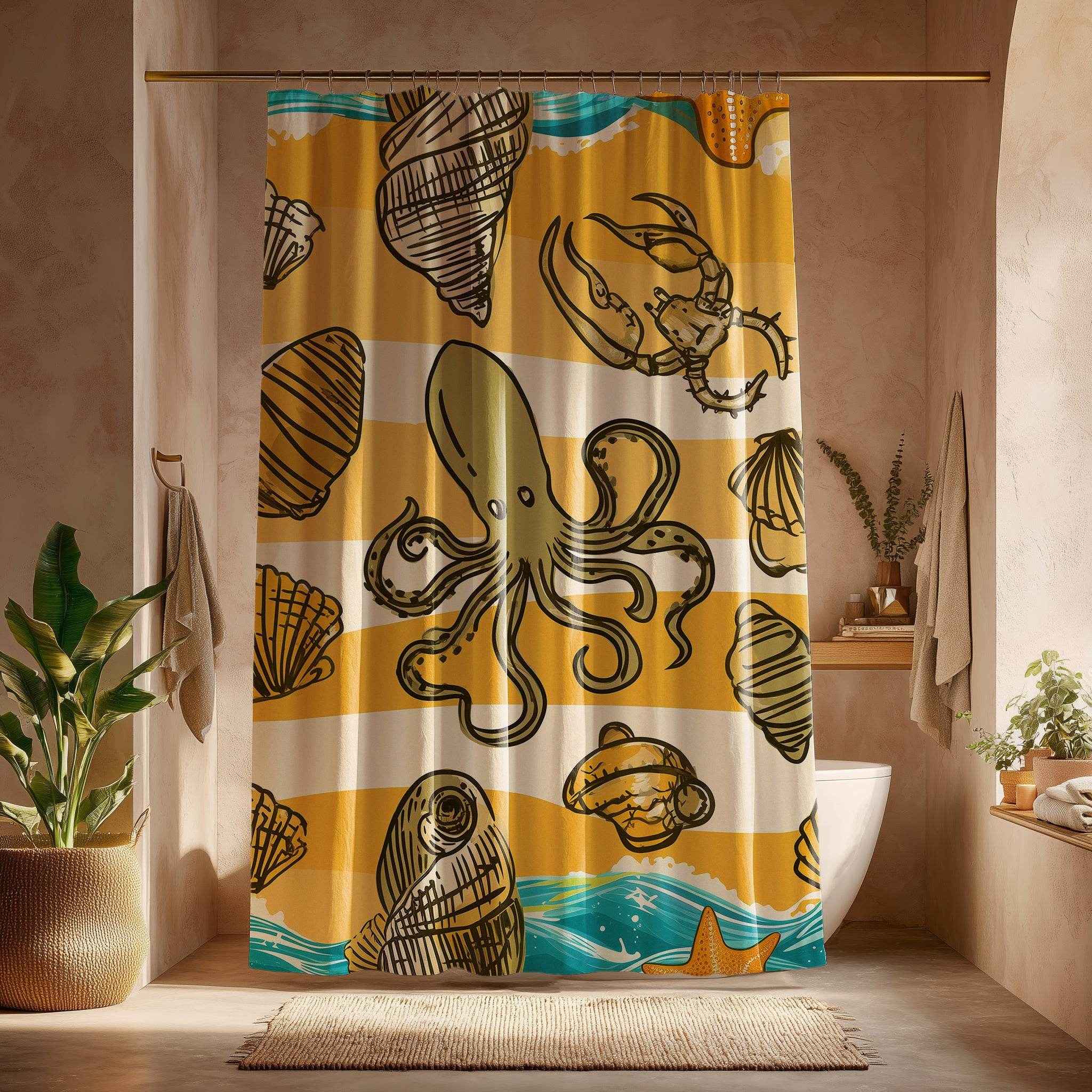 Ocean-Inspired Shower Curtain with Seashell and Octopus Design