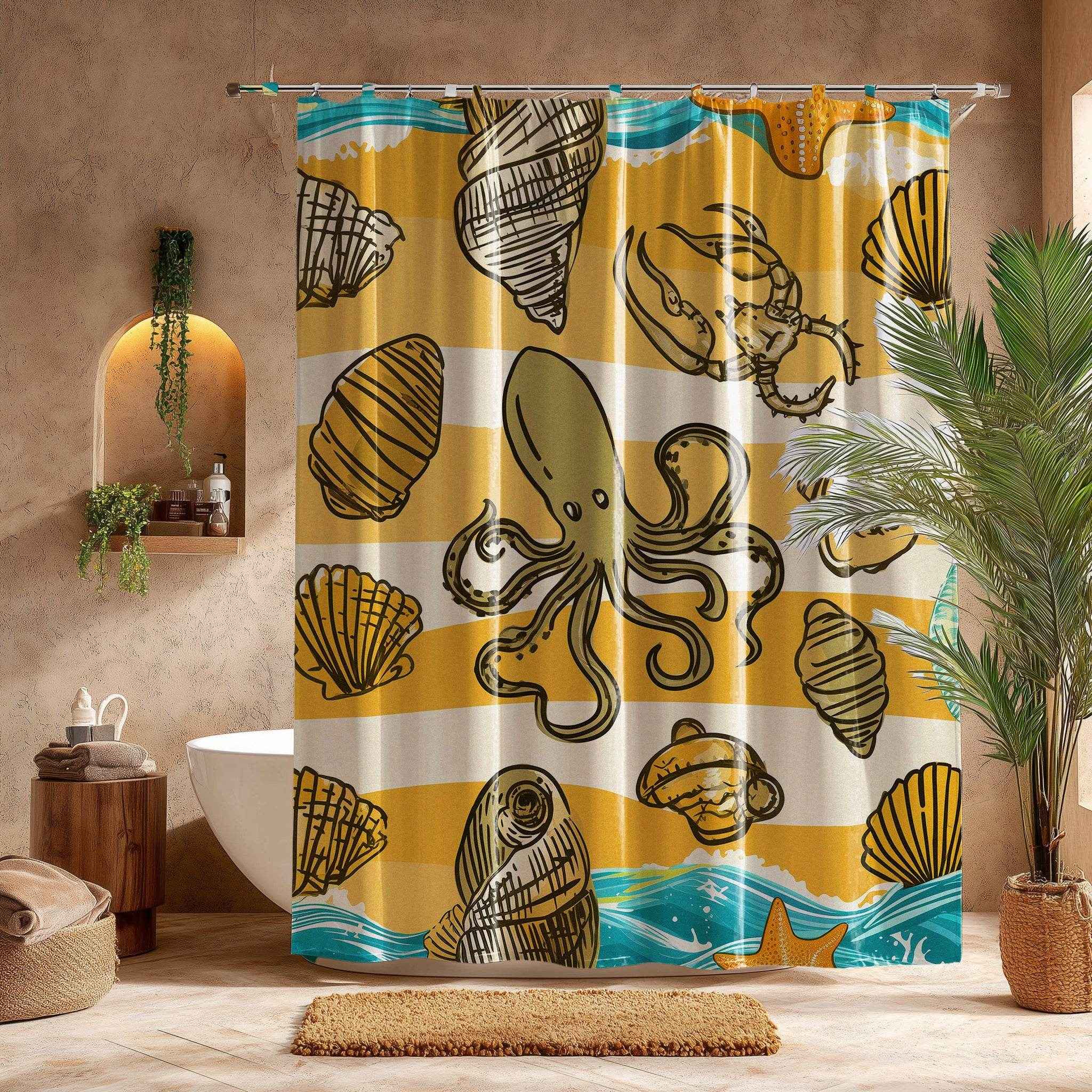 Ocean-Inspired Shower Curtain with Seashell and Octopus Design
