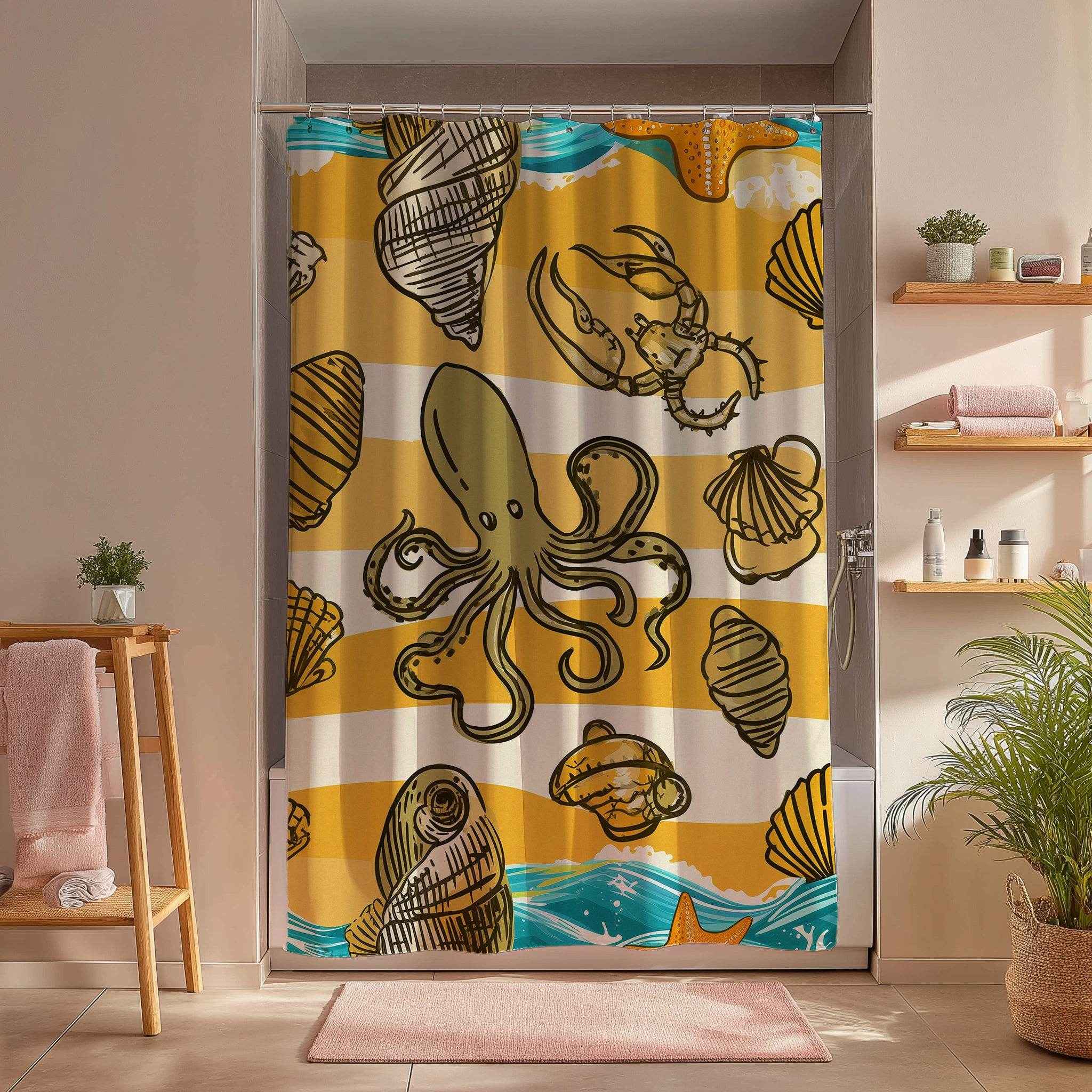 Ocean-Inspired Shower Curtain with Seashell and Octopus Design