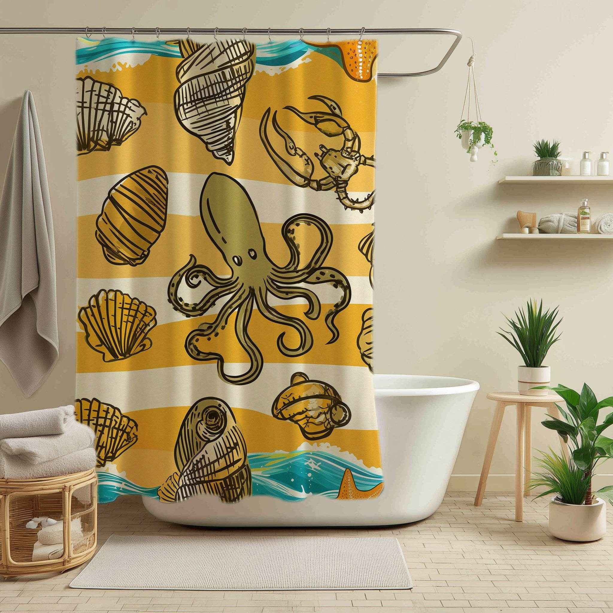 Ocean-Inspired Shower Curtain with Seashell and Octopus Design