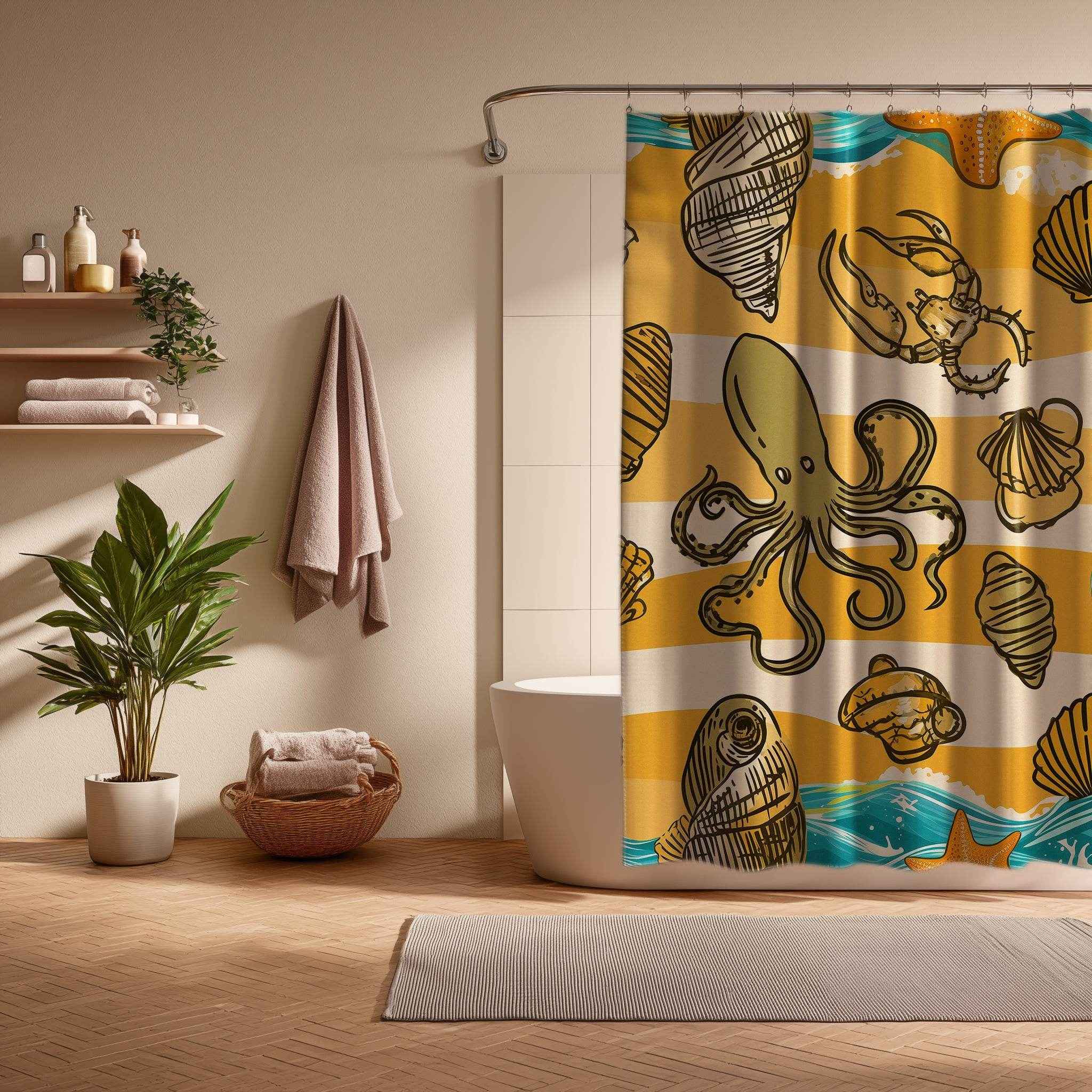 Ocean-Inspired Shower Curtain with Seashell and Octopus Design