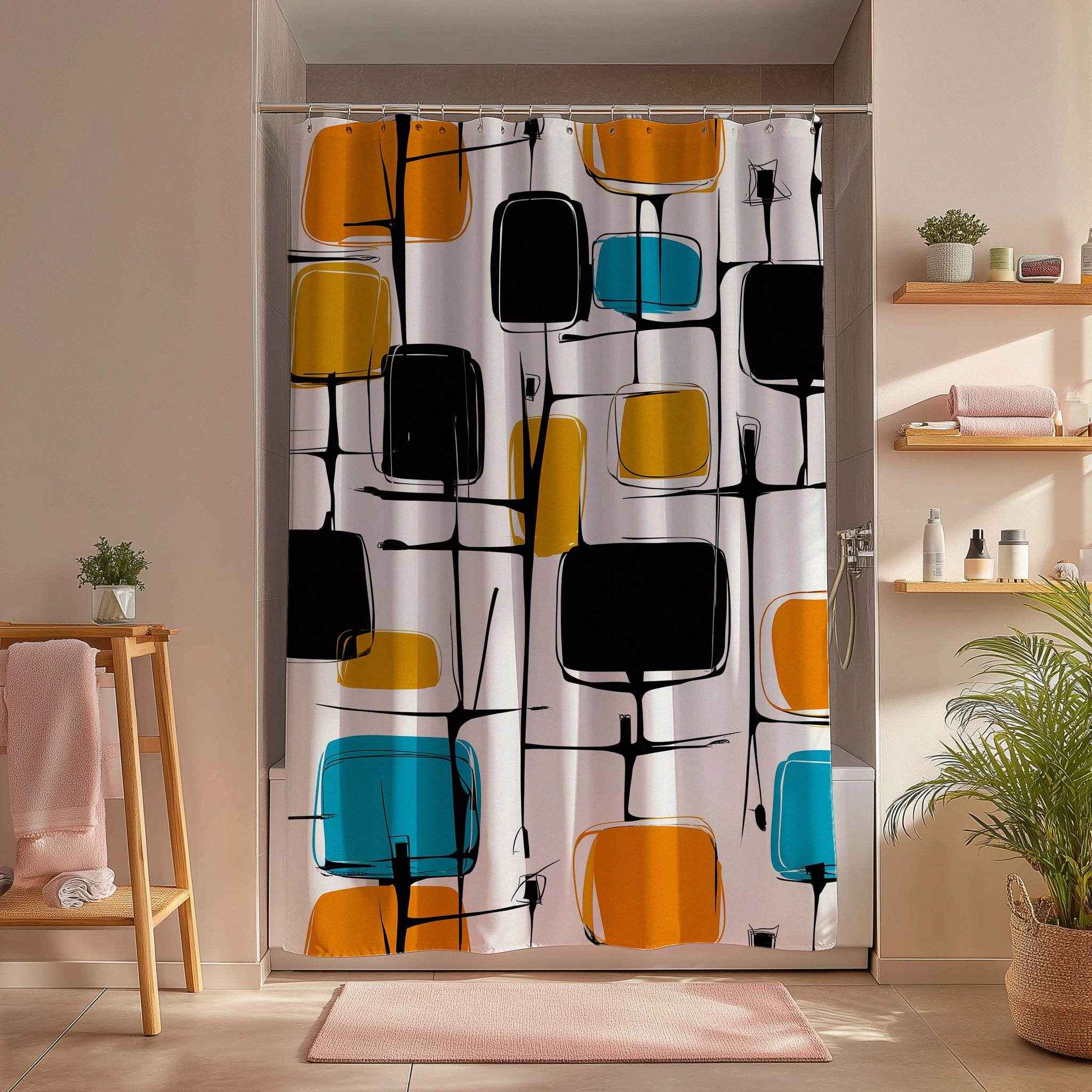Modern Geometric Shower Curtain, Vibrant Bathroom Decor, Mid-Century Style, Stylish Home Accessory, Unique Gift Idea