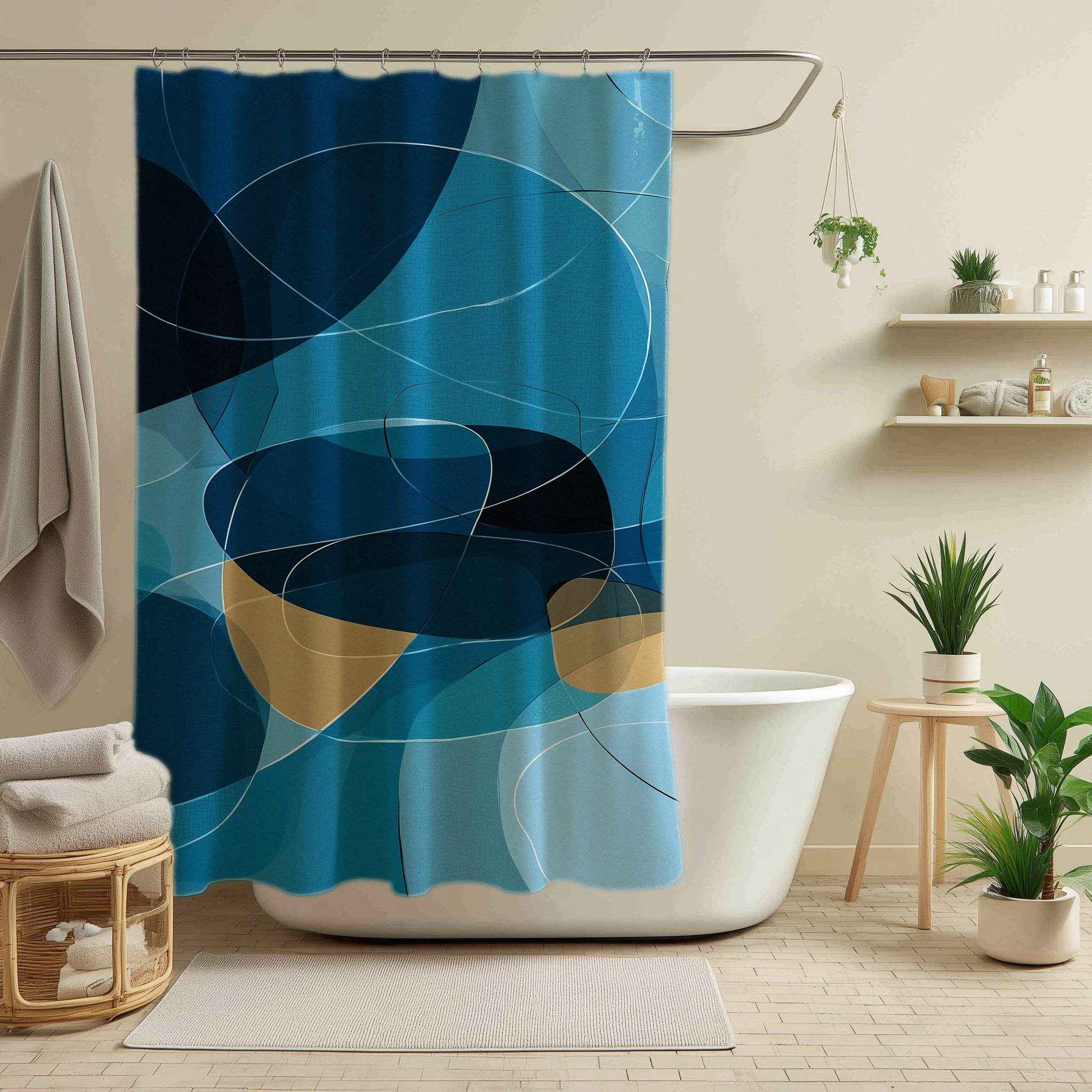 Abstract Blue Shower Curtain | Modern Bathroom Decor | Bohemian Style | Gift for Homeowners | Coastal Vibe | Minimalist Design