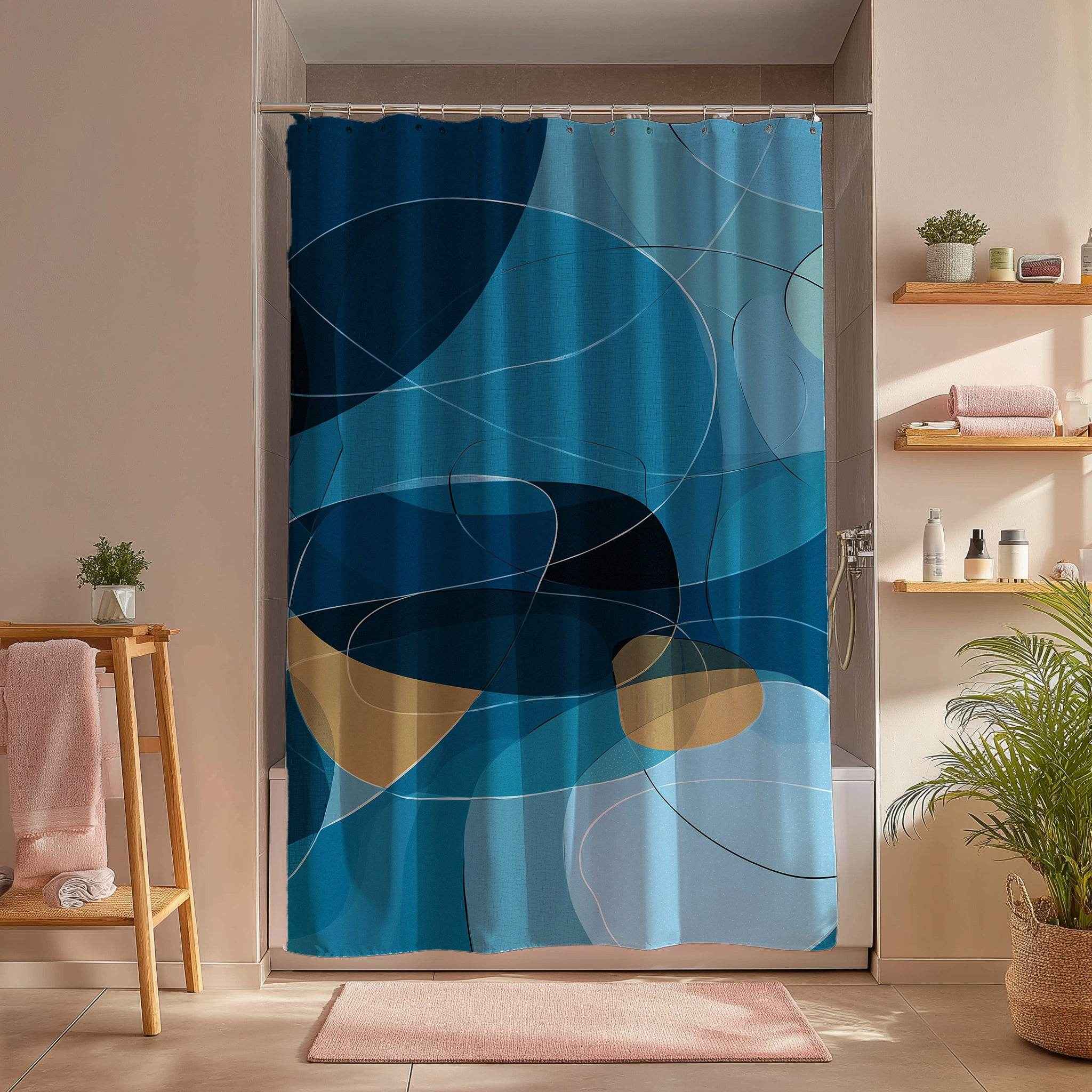 Abstract Blue Shower Curtain | Modern Bathroom Decor | Bohemian Style | Gift for Homeowners | Coastal Vibe | Minimalist Design