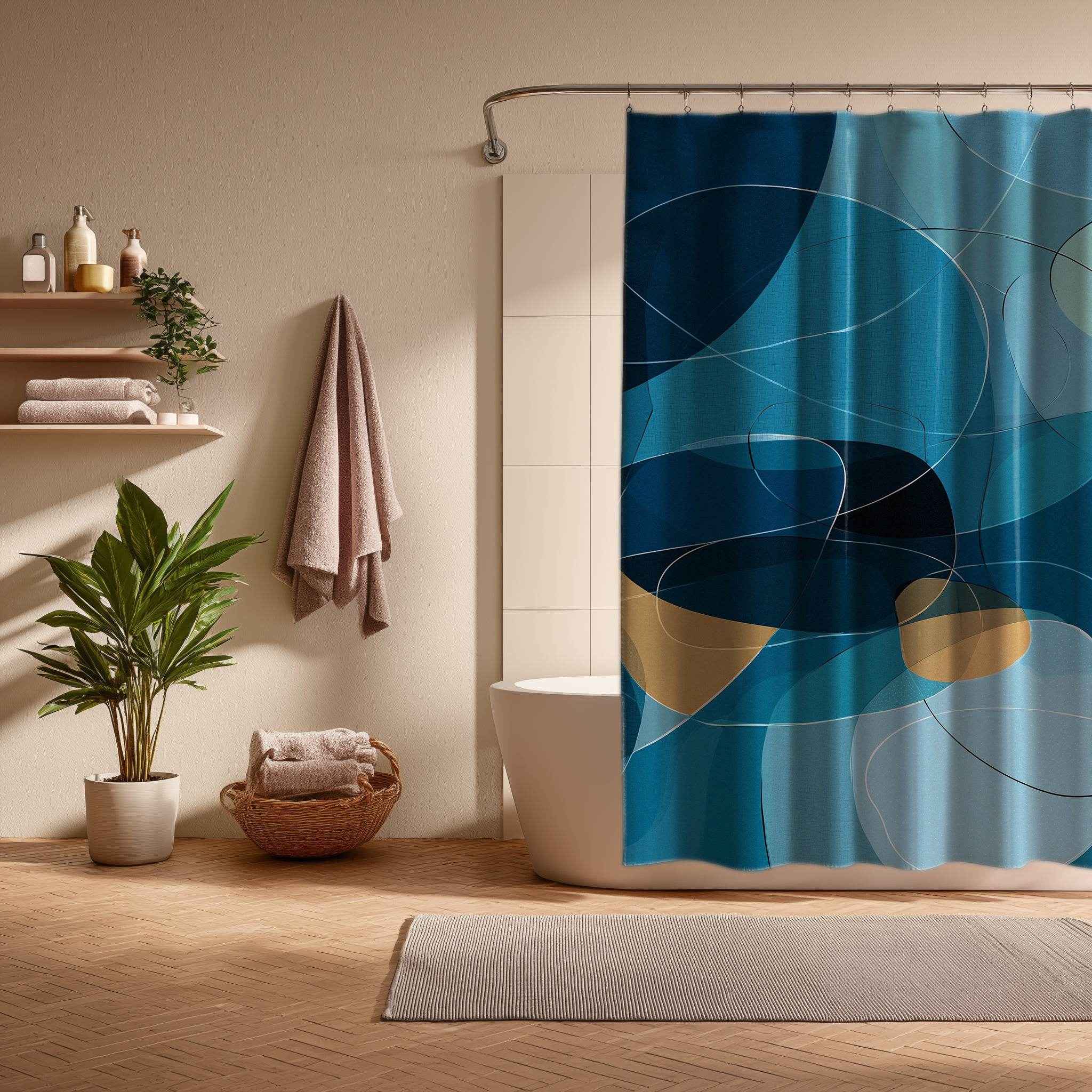Abstract Blue Shower Curtain | Modern Bathroom Decor | Bohemian Style | Gift for Homeowners | Coastal Vibe | Minimalist Design