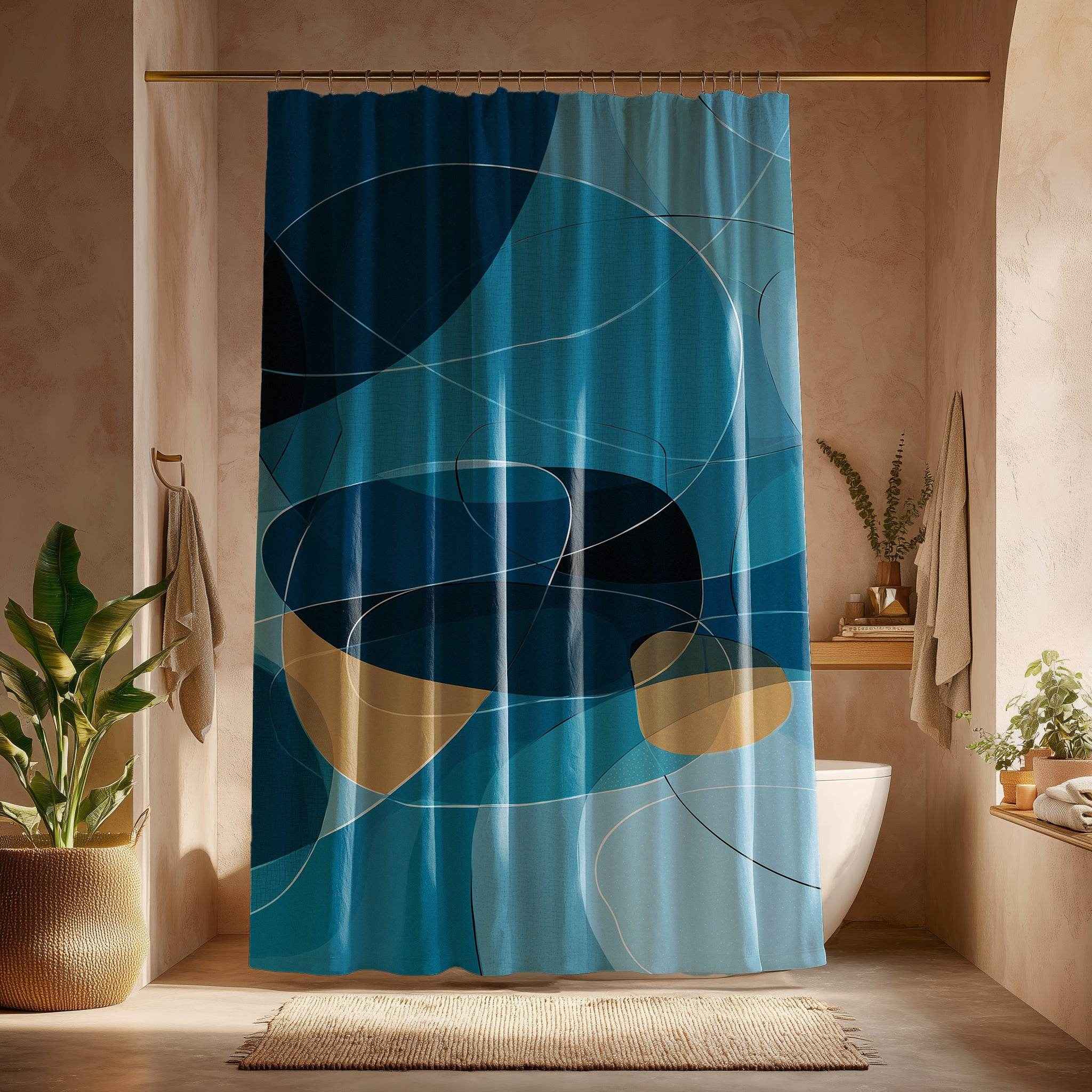 Abstract Blue Shower Curtain | Modern Bathroom Decor | Bohemian Style | Gift for Homeowners | Coastal Vibe | Minimalist Design