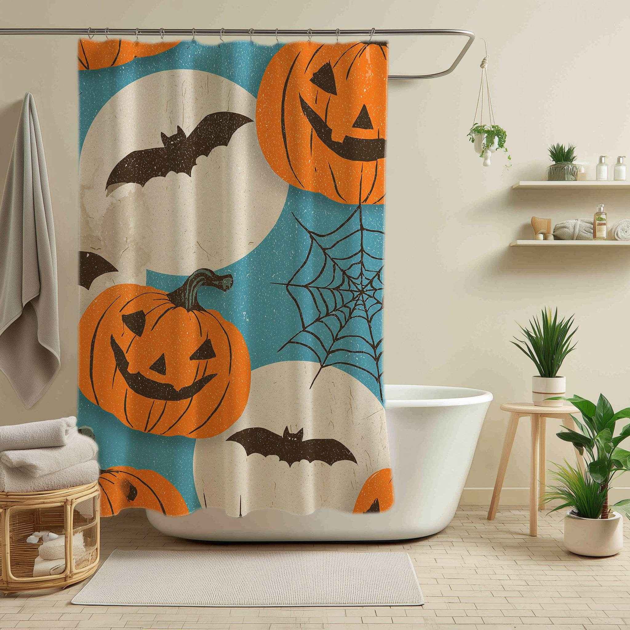 Halloween Bat and Pumpkin Shower Curtain, Spooky Bathroom Decor, Holiday Home Accent, Fall Festival Style, Unique Gift Idea