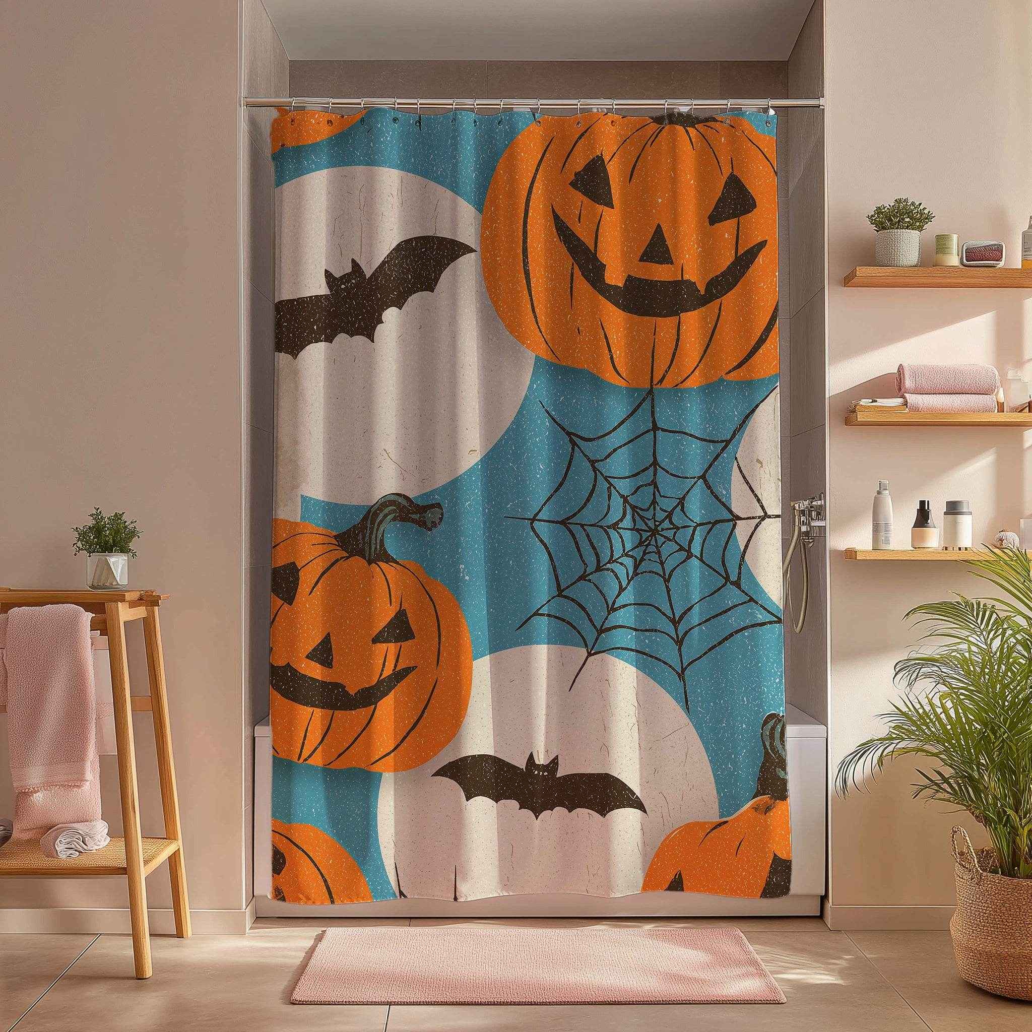 Halloween Bat and Pumpkin Shower Curtain, Spooky Bathroom Decor, Holiday Home Accent, Fall Festival Style, Unique Gift Idea