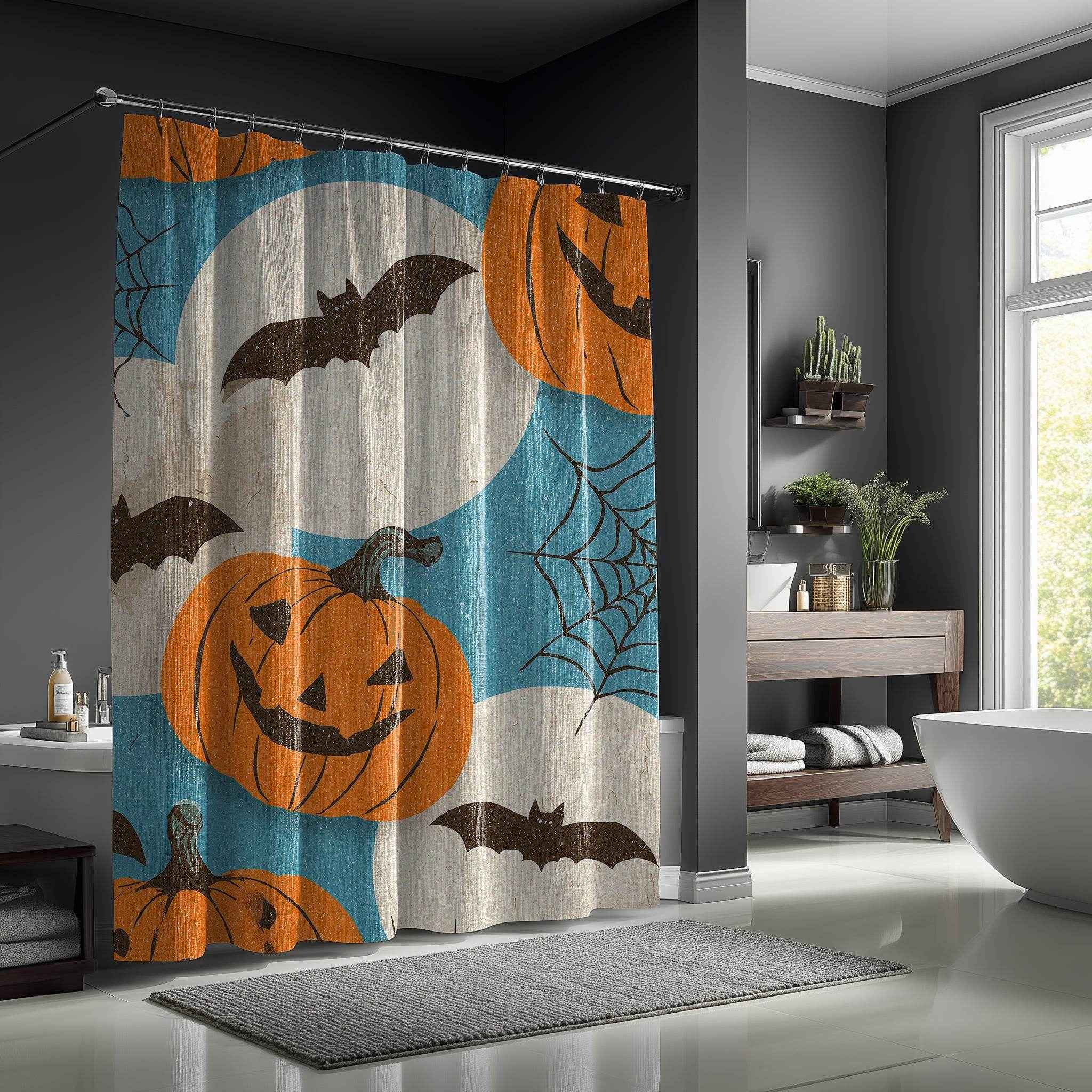 Halloween Bat and Pumpkin Shower Curtain, Spooky Bathroom Decor, Holiday Home Accent, Fall Festival Style, Unique Gift Idea