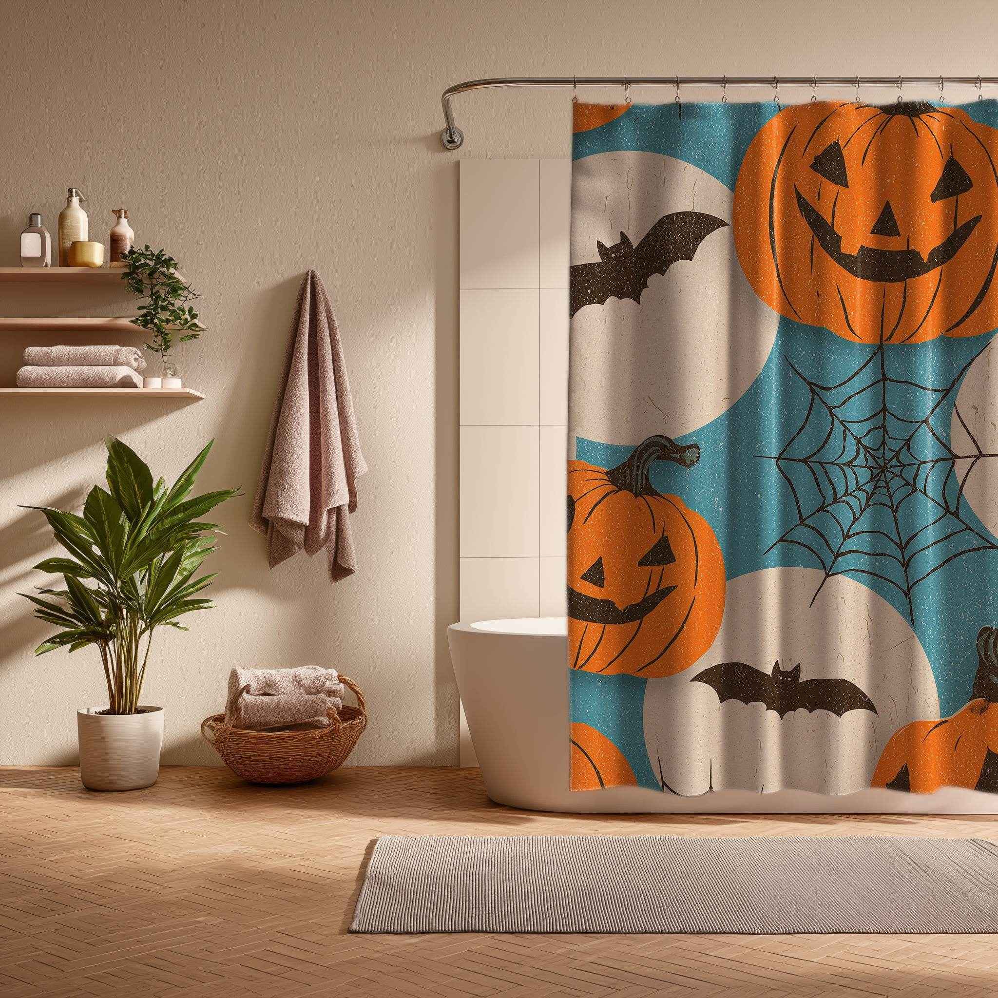 Halloween Bat and Pumpkin Shower Curtain, Spooky Bathroom Decor, Holiday Home Accent, Fall Festival Style, Unique Gift Idea