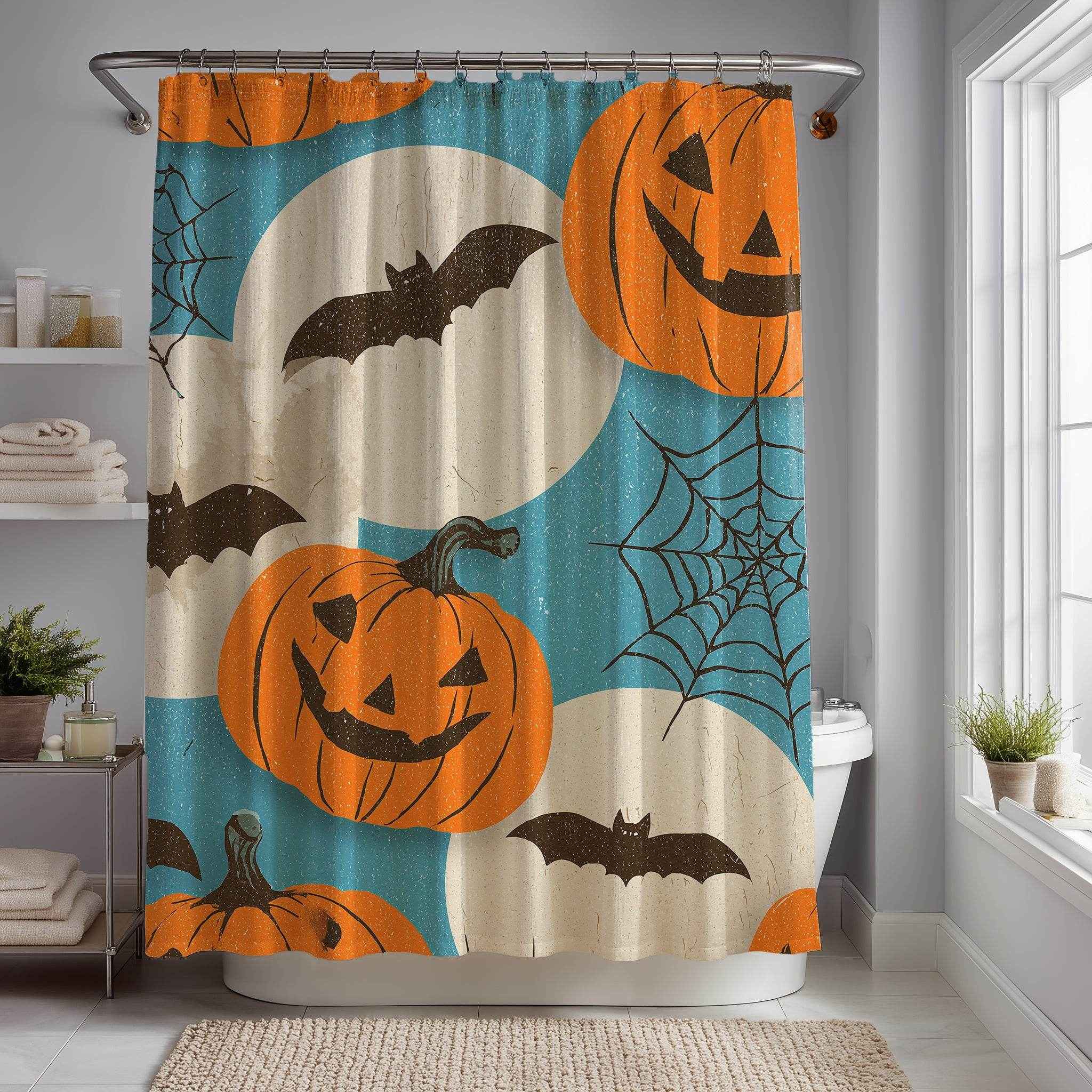 Halloween Bat and Pumpkin Shower Curtain, Spooky Bathroom Decor, Holiday Home Accent, Fall Festival Style, Unique Gift Idea