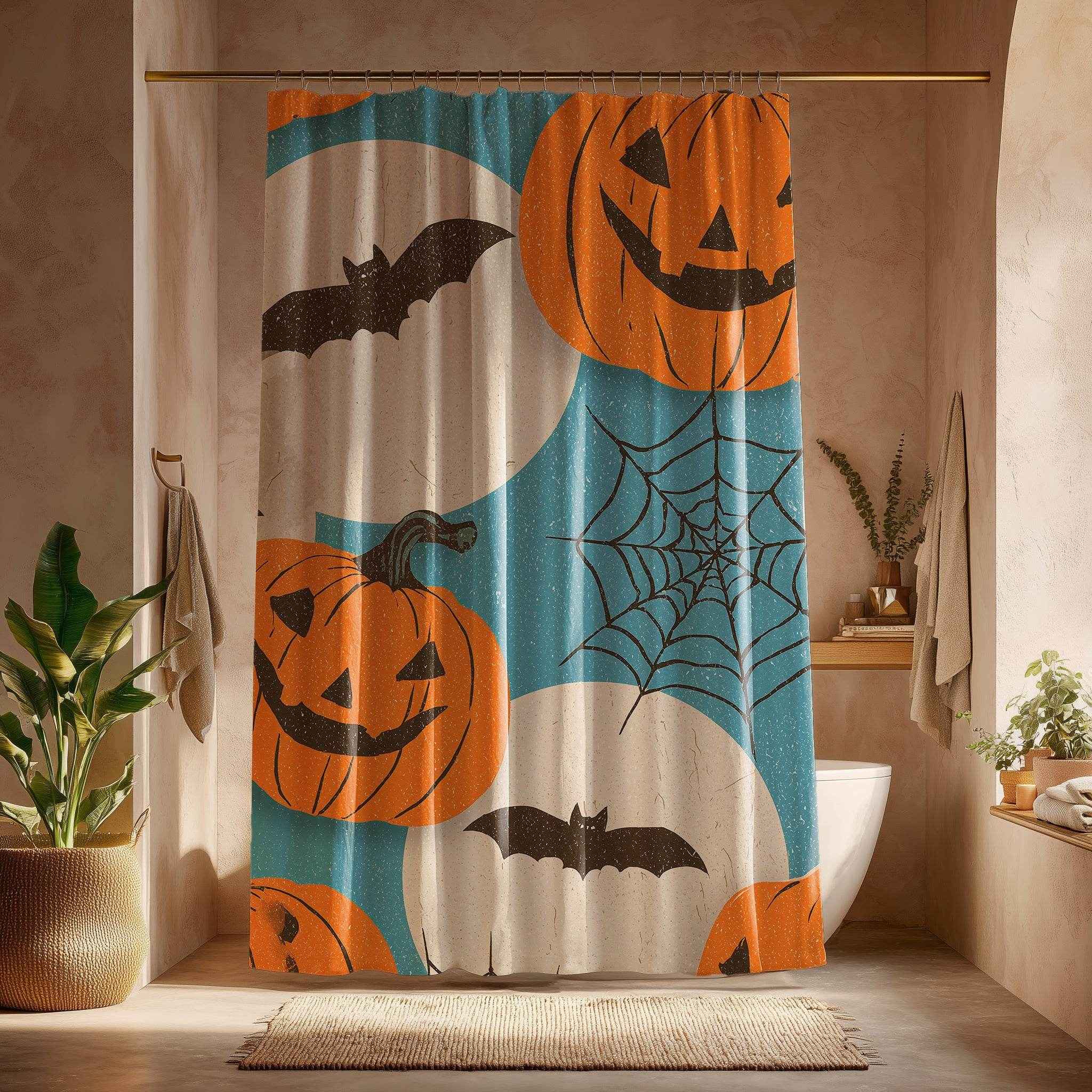 Halloween Bat and Pumpkin Shower Curtain, Spooky Bathroom Decor, Holiday Home Accent, Fall Festival Style, Unique Gift Idea