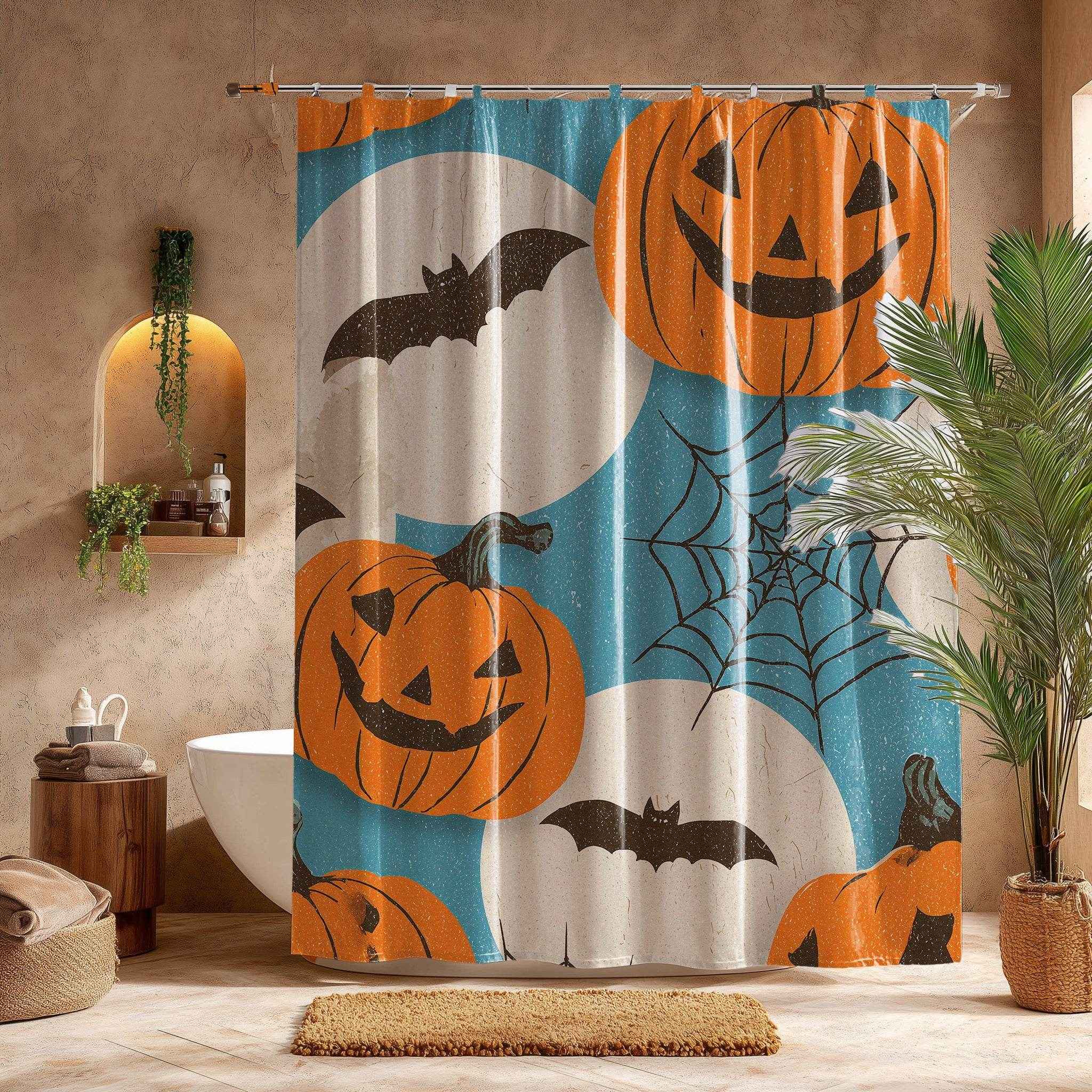 Halloween Bat and Pumpkin Shower Curtain, Spooky Bathroom Decor, Holiday Home Accent, Fall Festival Style, Unique Gift Idea