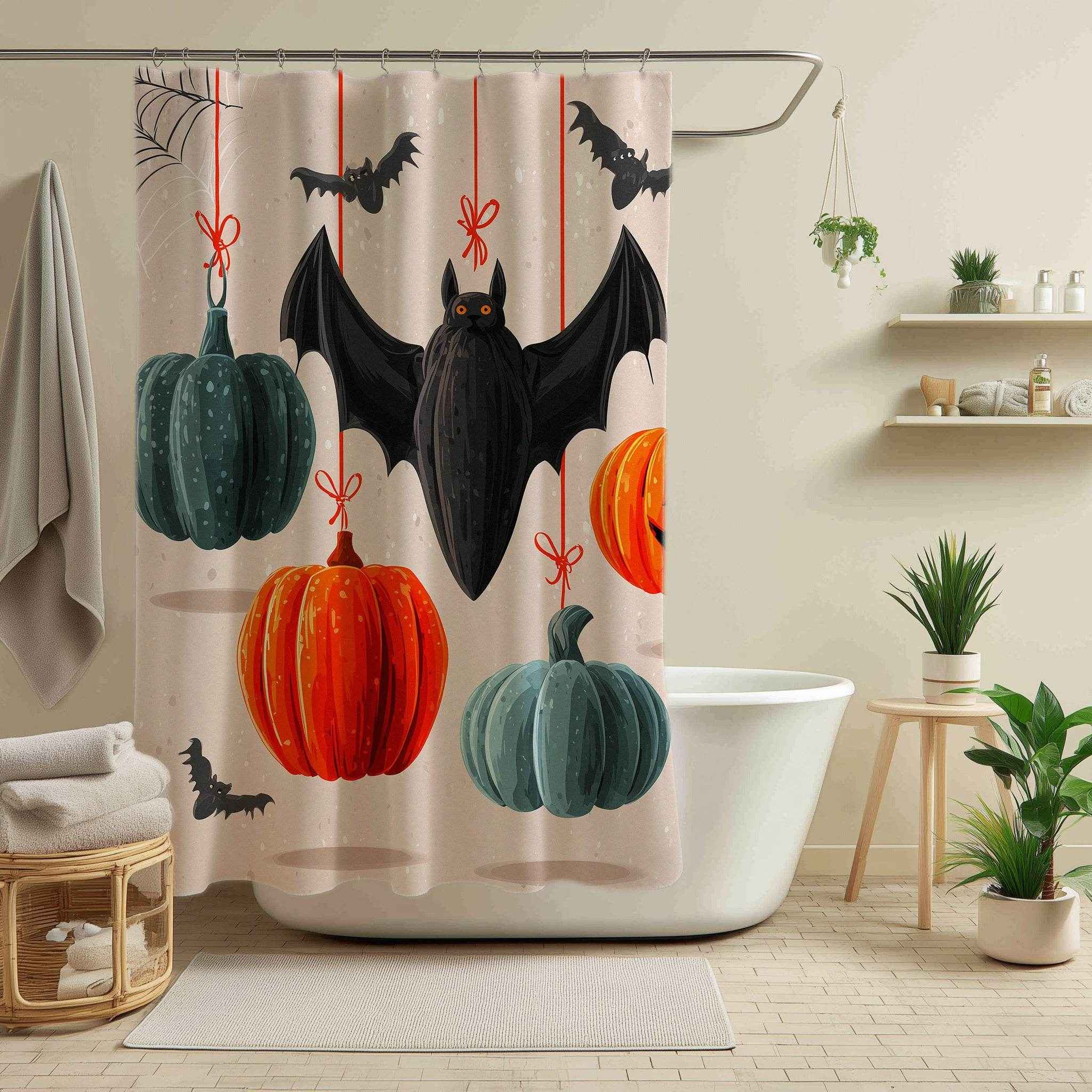 Spooky Halloween Shower Curtain, Autumn Decor, Bat and Pumpkin Design, Bathroom Décor, Fall Celebration, Haunted House