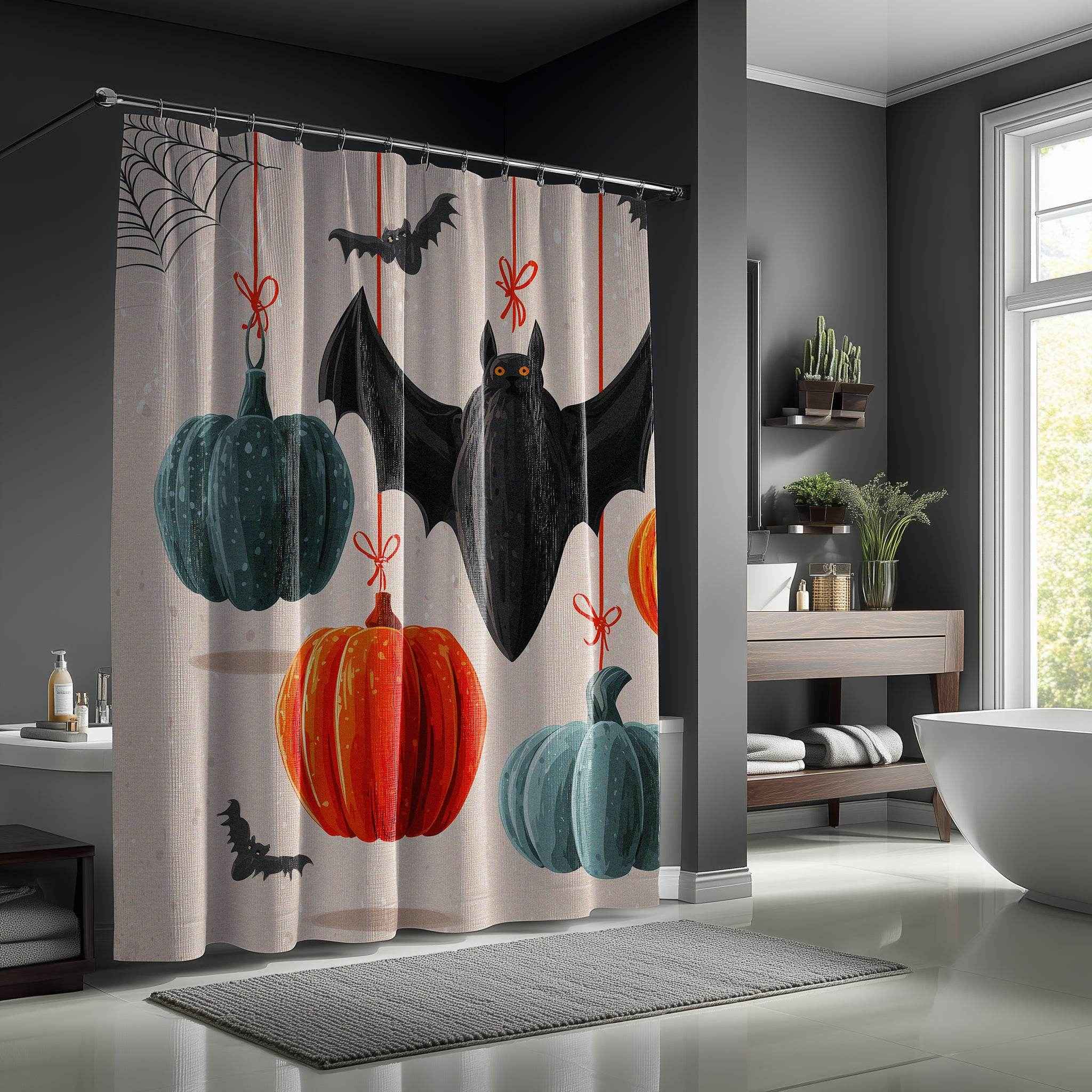 Spooky Halloween Shower Curtain, Autumn Decor, Bat and Pumpkin Design, Bathroom Décor, Fall Celebration, Haunted House