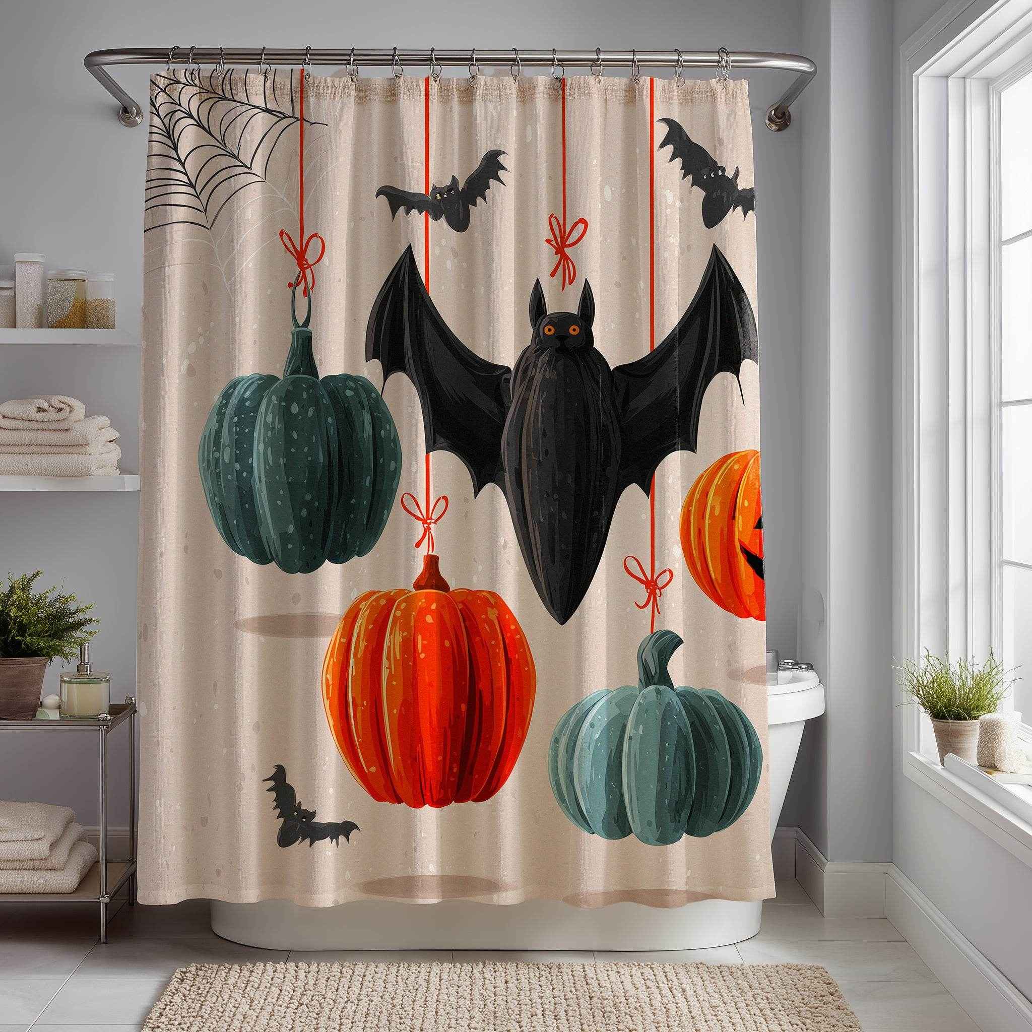 Spooky Halloween Shower Curtain, Autumn Decor, Bat and Pumpkin Design, Bathroom Décor, Fall Celebration, Haunted House