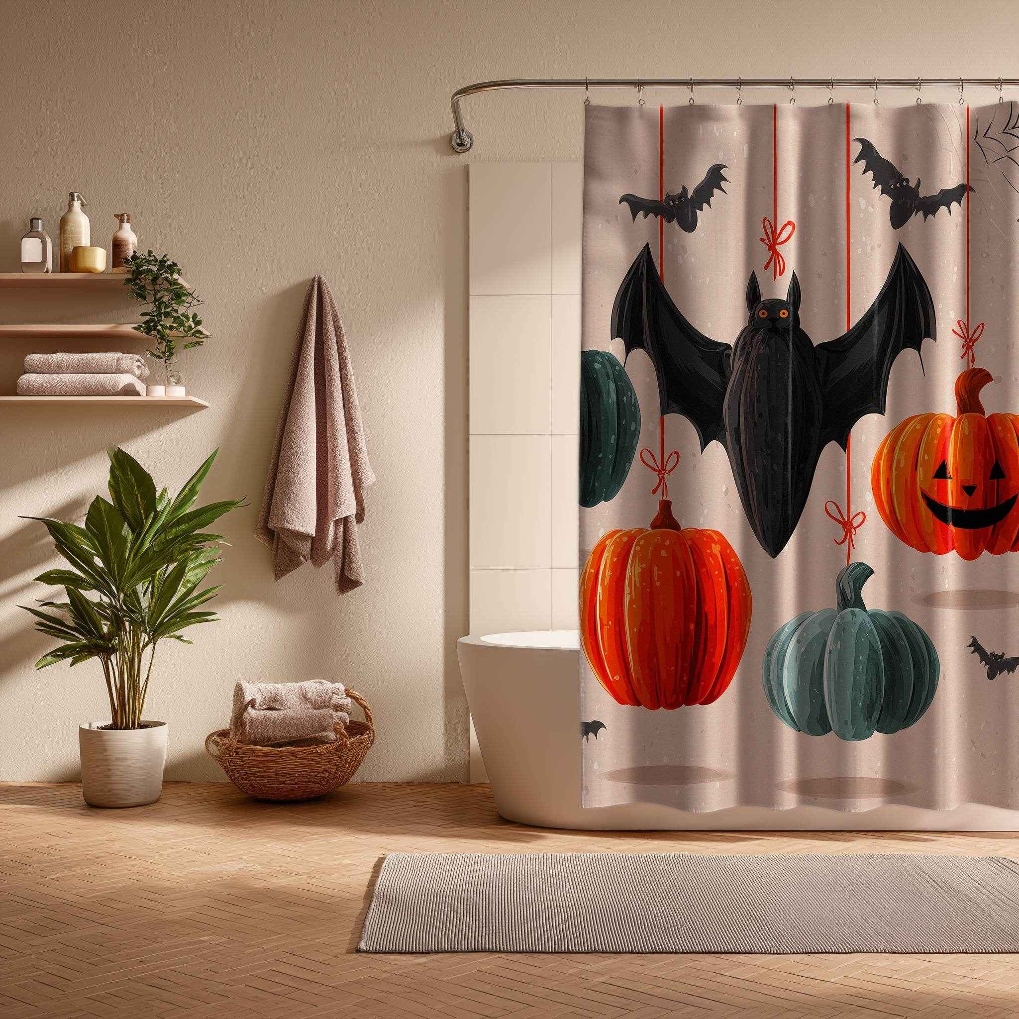 Spooky Halloween Shower Curtain, Autumn Decor, Bat and Pumpkin Design, Bathroom Décor, Fall Celebration, Haunted House