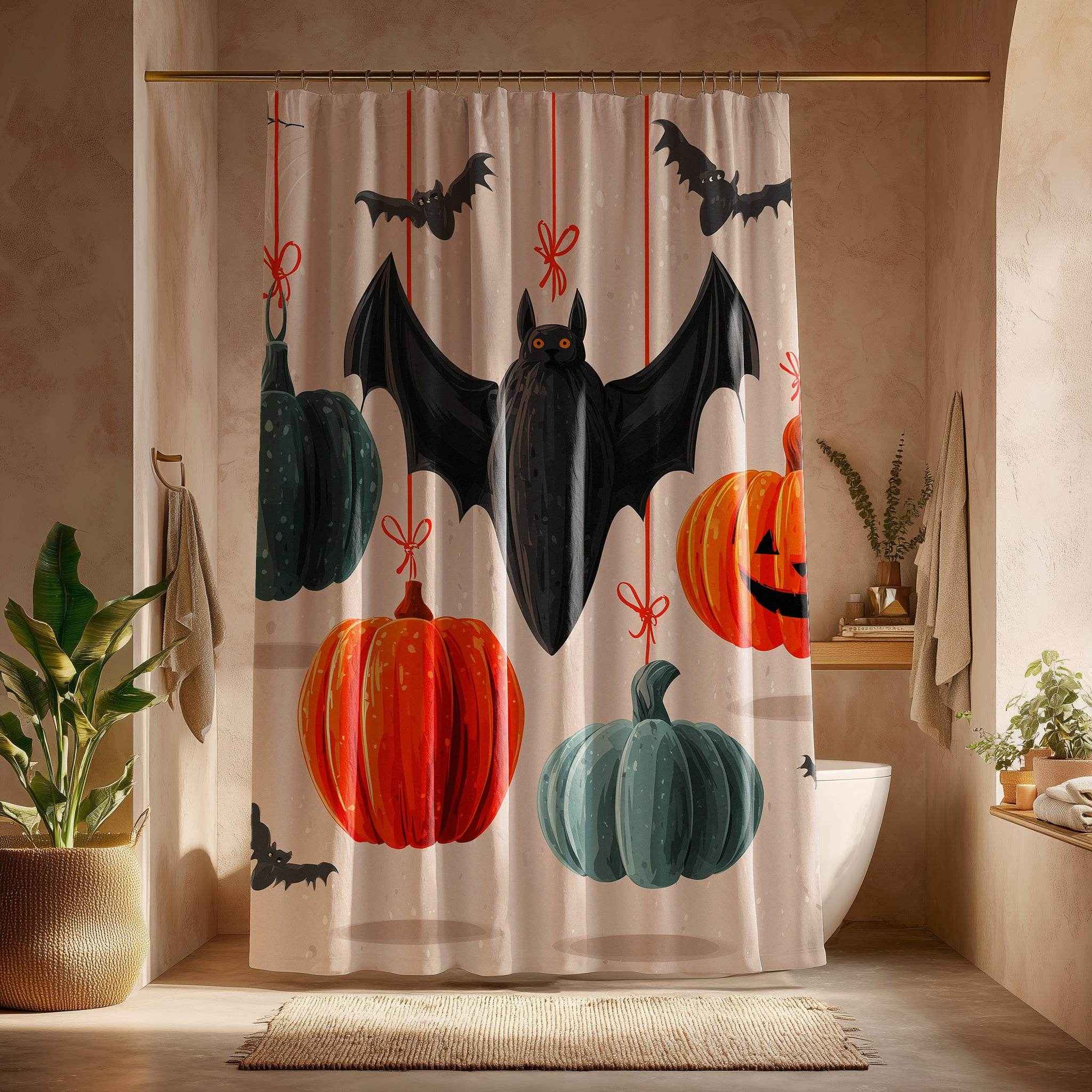 Spooky Halloween Shower Curtain, Autumn Decor, Bat and Pumpkin Design, Bathroom Décor, Fall Celebration, Haunted House