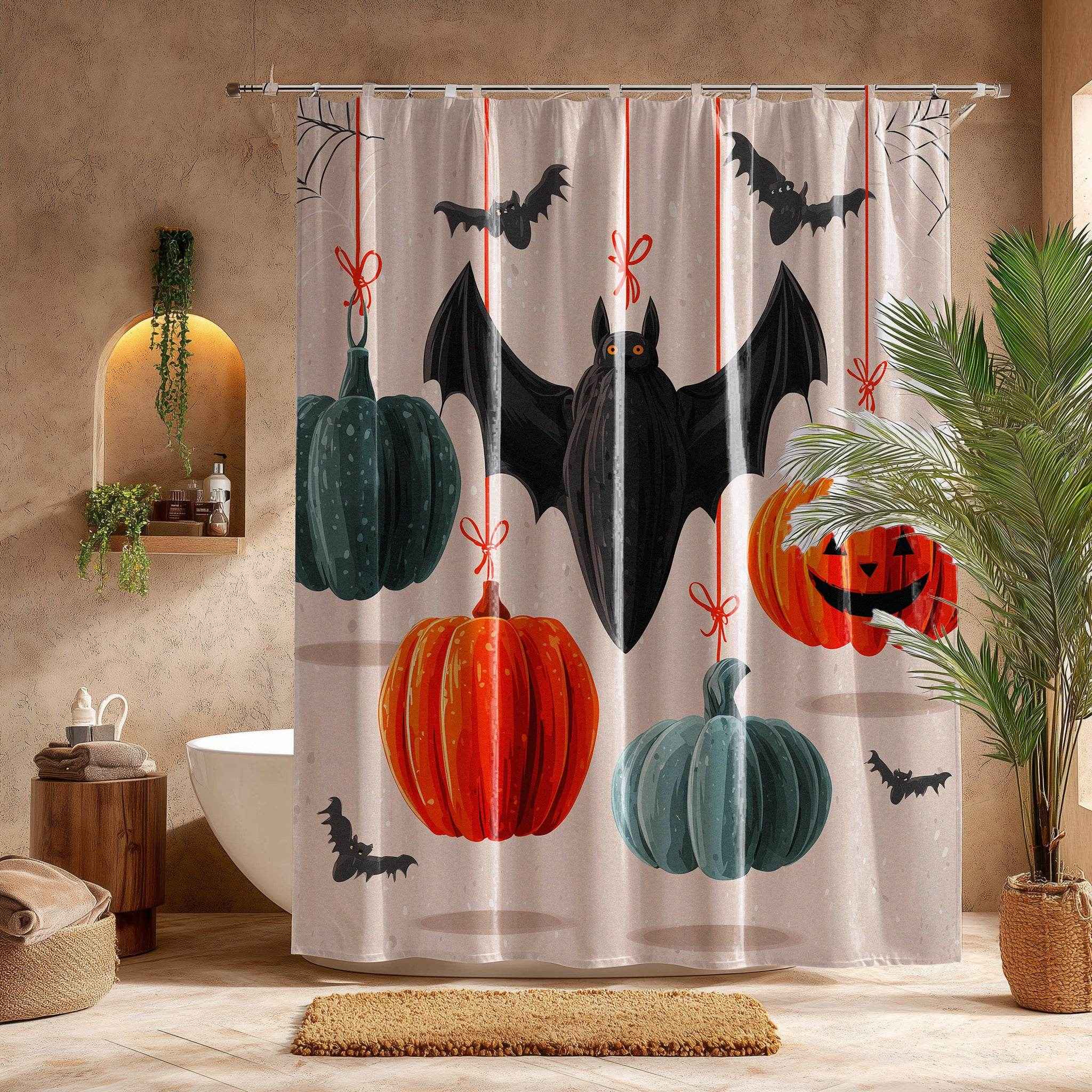 Spooky Halloween Shower Curtain, Autumn Decor, Bat and Pumpkin Design, Bathroom Décor, Fall Celebration, Haunted House