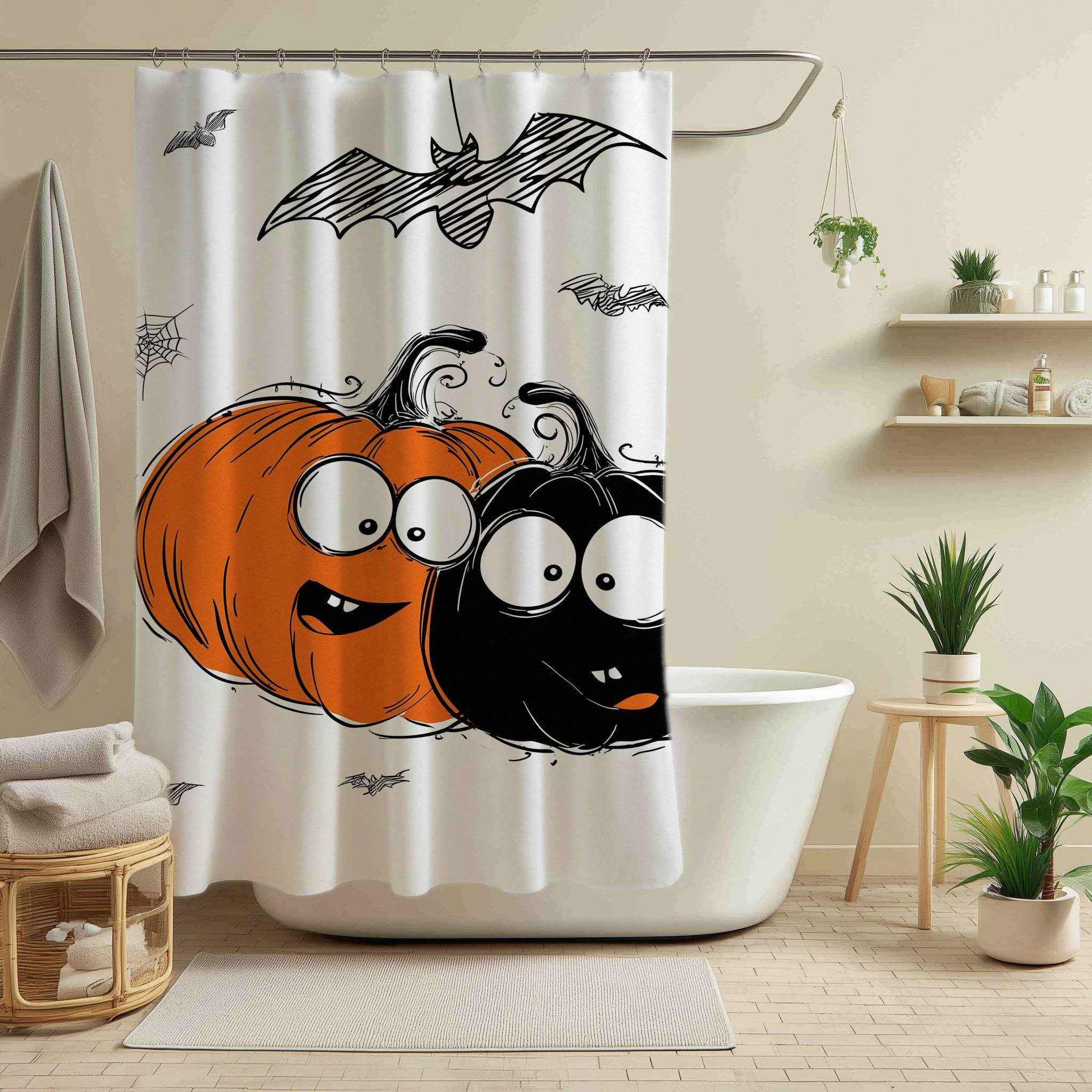 Halloween Themed Shower Curtain, Cute Pumpkin and Bat Decor, Spooky Bathroom Accessory, Fall Holiday Gift, Autumn Home Decor