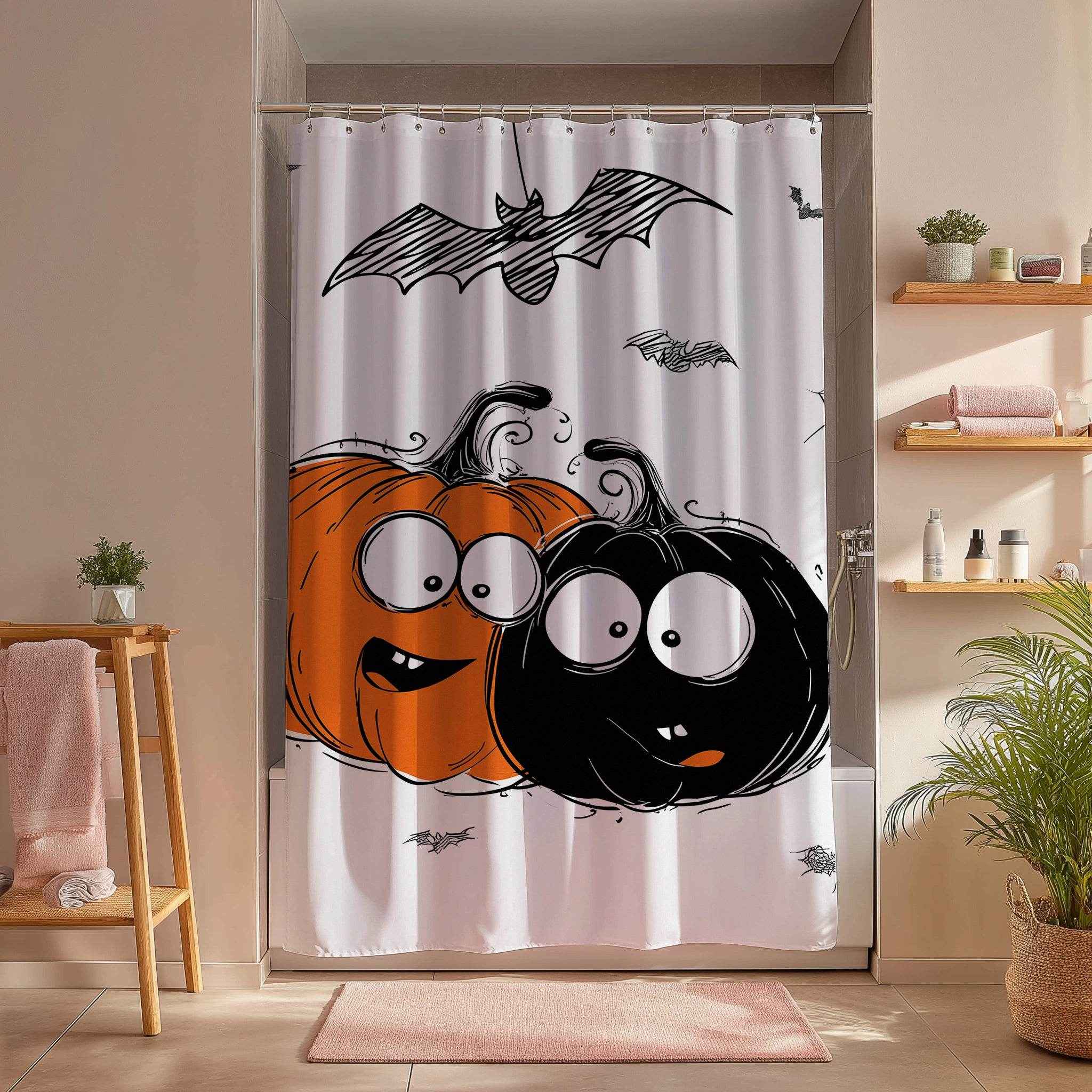 Halloween Themed Shower Curtain, Cute Pumpkin and Bat Decor, Spooky Bathroom Accessory, Fall Holiday Gift, Autumn Home Decor