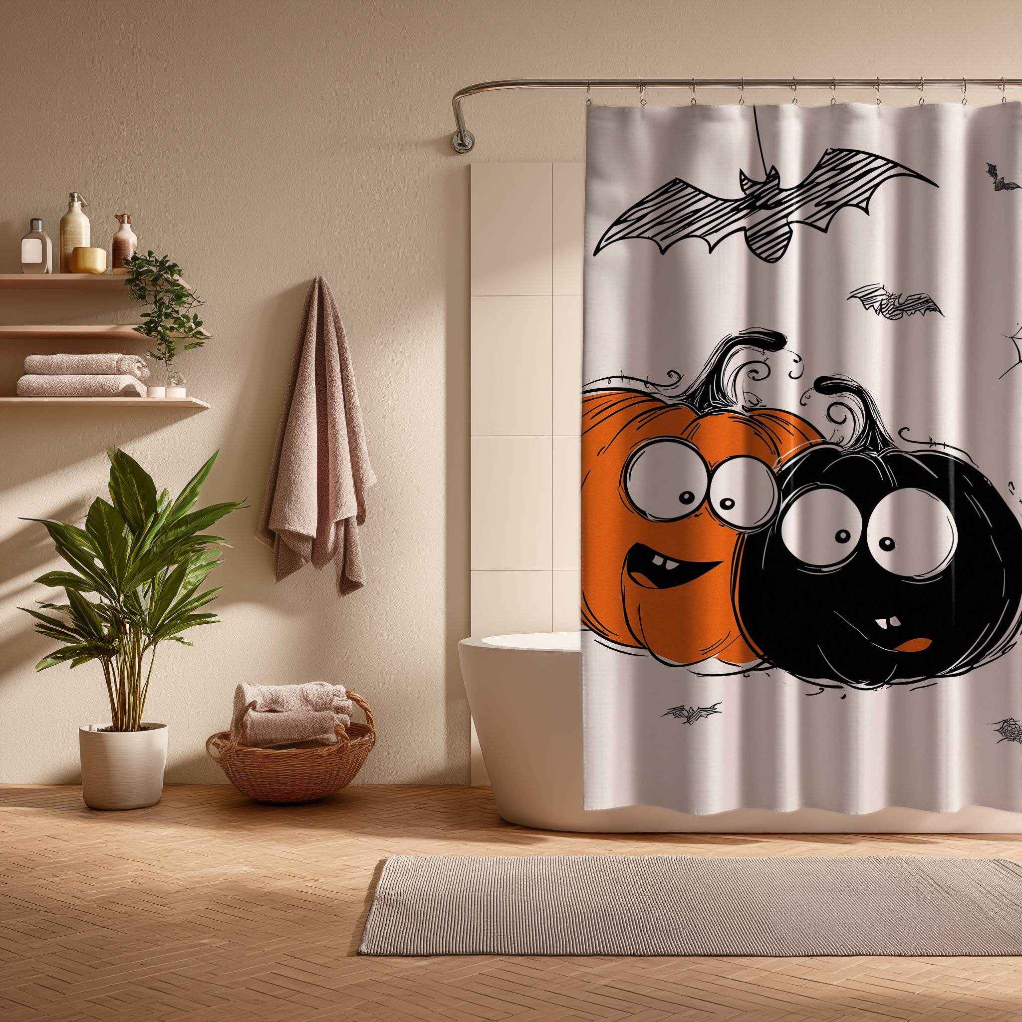 Halloween Themed Shower Curtain, Cute Pumpkin and Bat Decor, Spooky Bathroom Accessory, Fall Holiday Gift, Autumn Home Decor