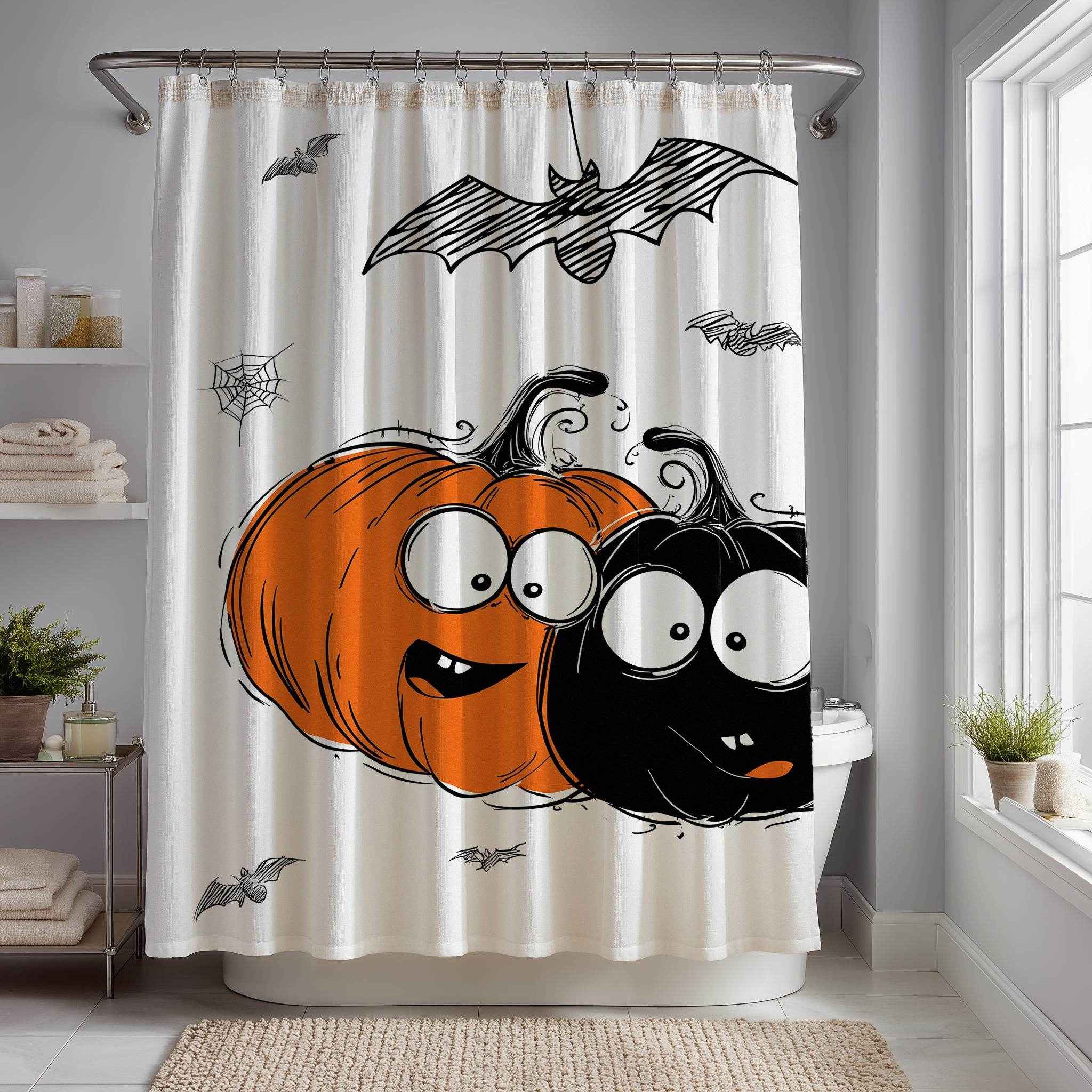 Halloween Themed Shower Curtain, Cute Pumpkin and Bat Decor, Spooky Bathroom Accessory, Fall Holiday Gift, Autumn Home Decor