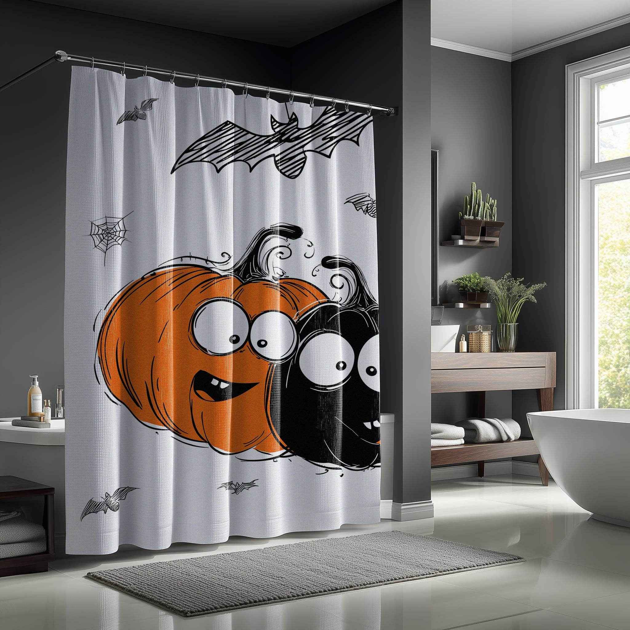 Halloween Themed Shower Curtain, Cute Pumpkin and Bat Decor, Spooky Bathroom Accessory, Fall Holiday Gift, Autumn Home Decor
