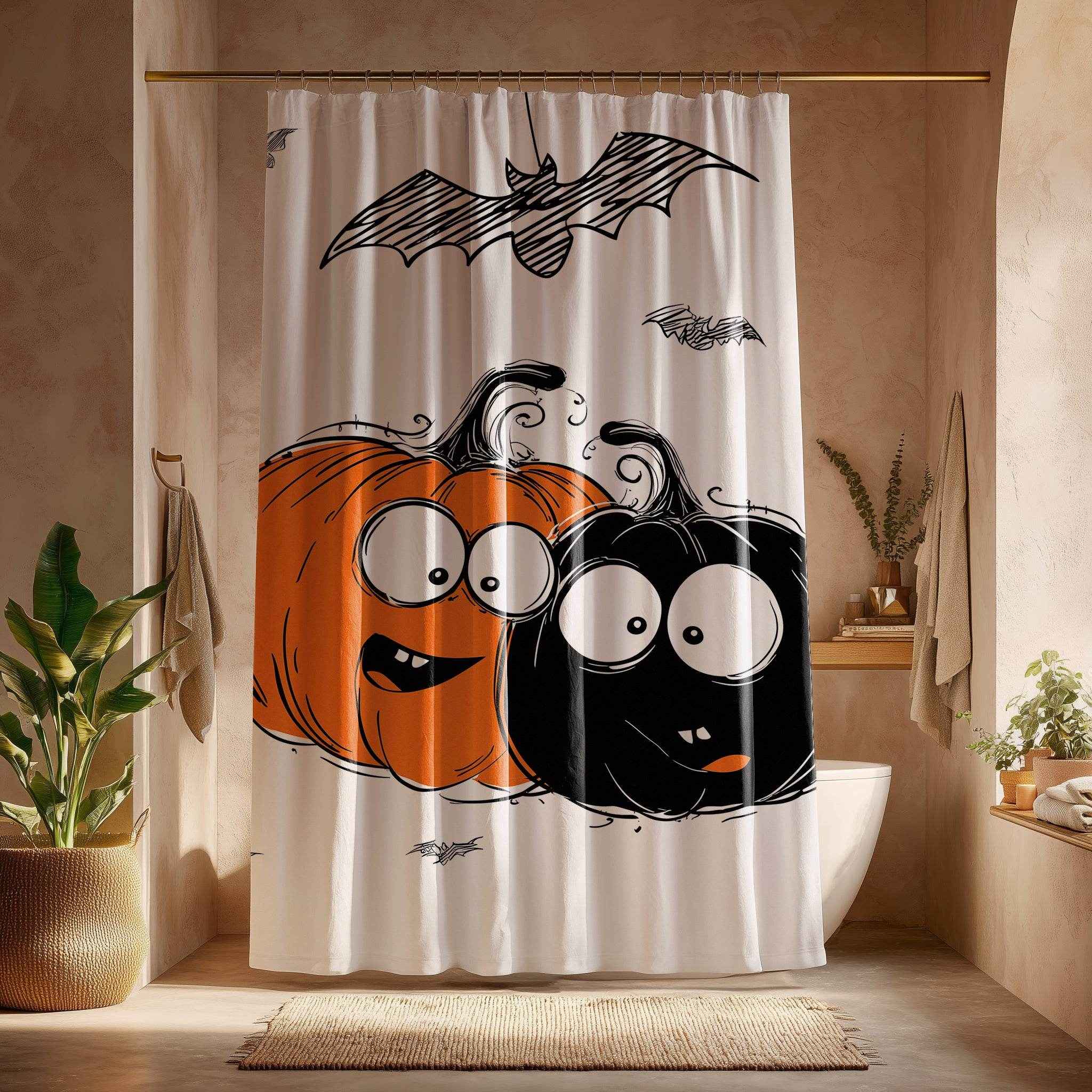 Halloween Themed Shower Curtain, Cute Pumpkin and Bat Decor, Spooky Bathroom Accessory, Fall Holiday Gift, Autumn Home Decor