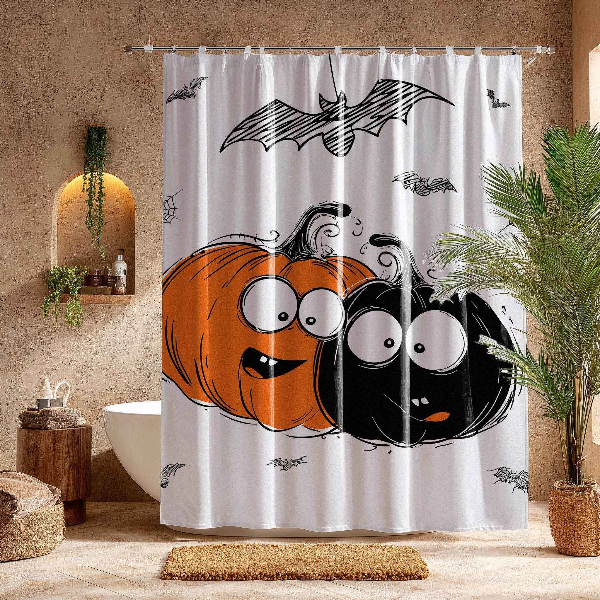 Halloween Themed Shower Curtain, Cute Pumpkin and Bat Decor, Spooky Bathroom Accessory, Fall Holiday Gift, Autumn Home Decor