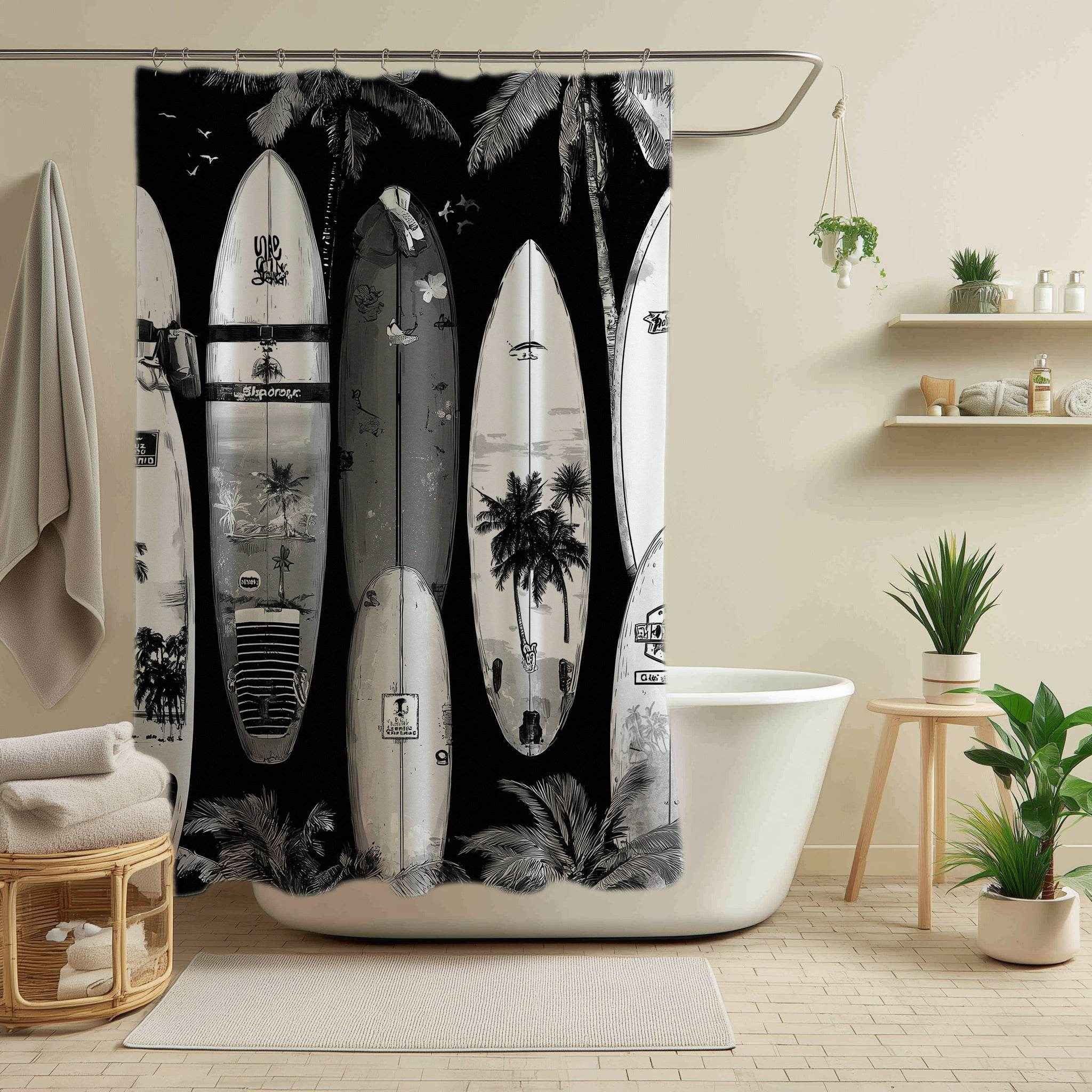 Surfboard Shower Curtain, Beach Decor, Tropical Bathroom Accessories, Surfing Theme, Ideal Gift for Surfers