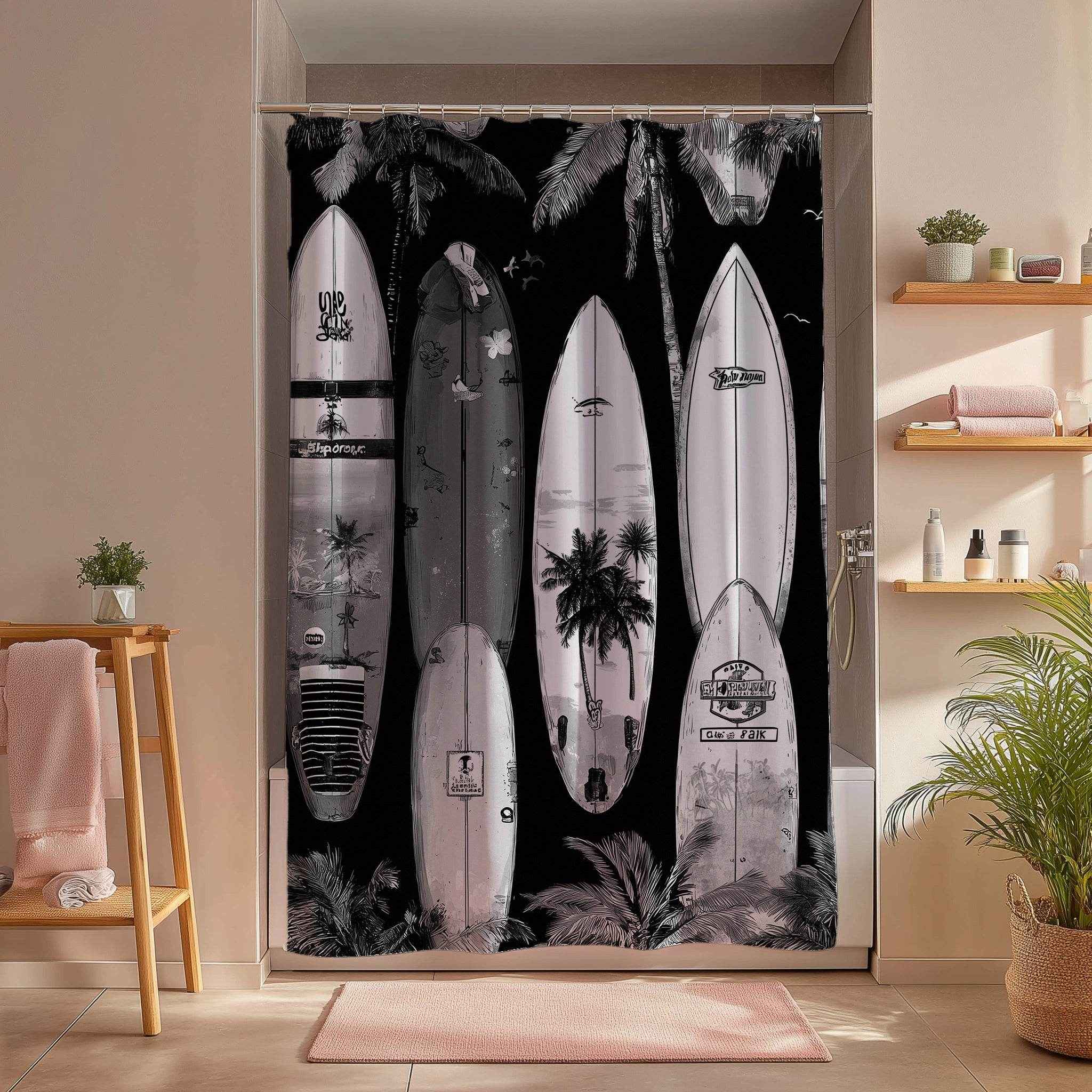 Surfboard Shower Curtain, Beach Decor, Tropical Bathroom Accessories, Surfing Theme, Ideal Gift for Surfers
