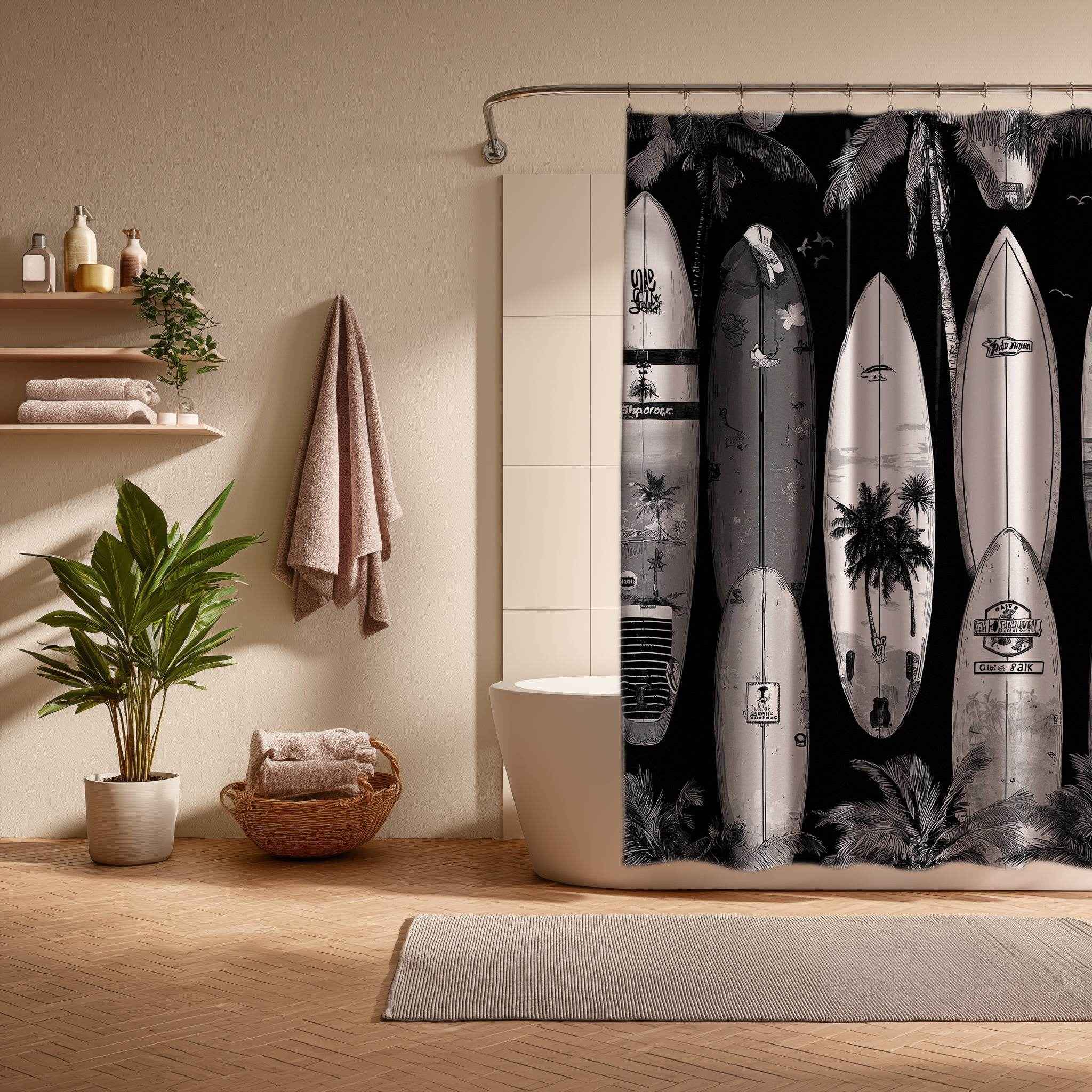 Surfboard Shower Curtain, Beach Decor, Tropical Bathroom Accessories, Surfing Theme, Ideal Gift for Surfers
