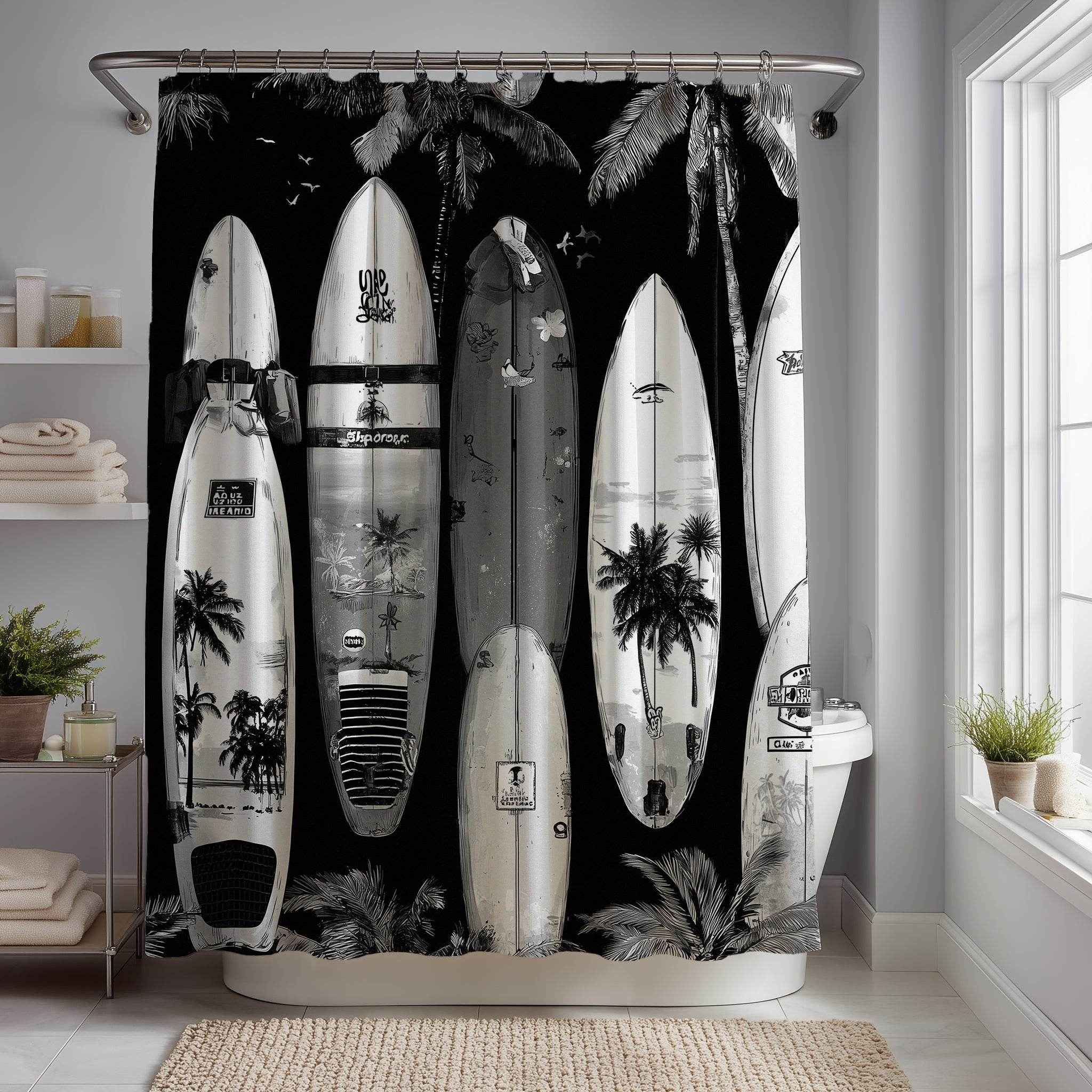 Surfboard Shower Curtain, Beach Decor, Tropical Bathroom Accessories, Surfing Theme, Ideal Gift for Surfers