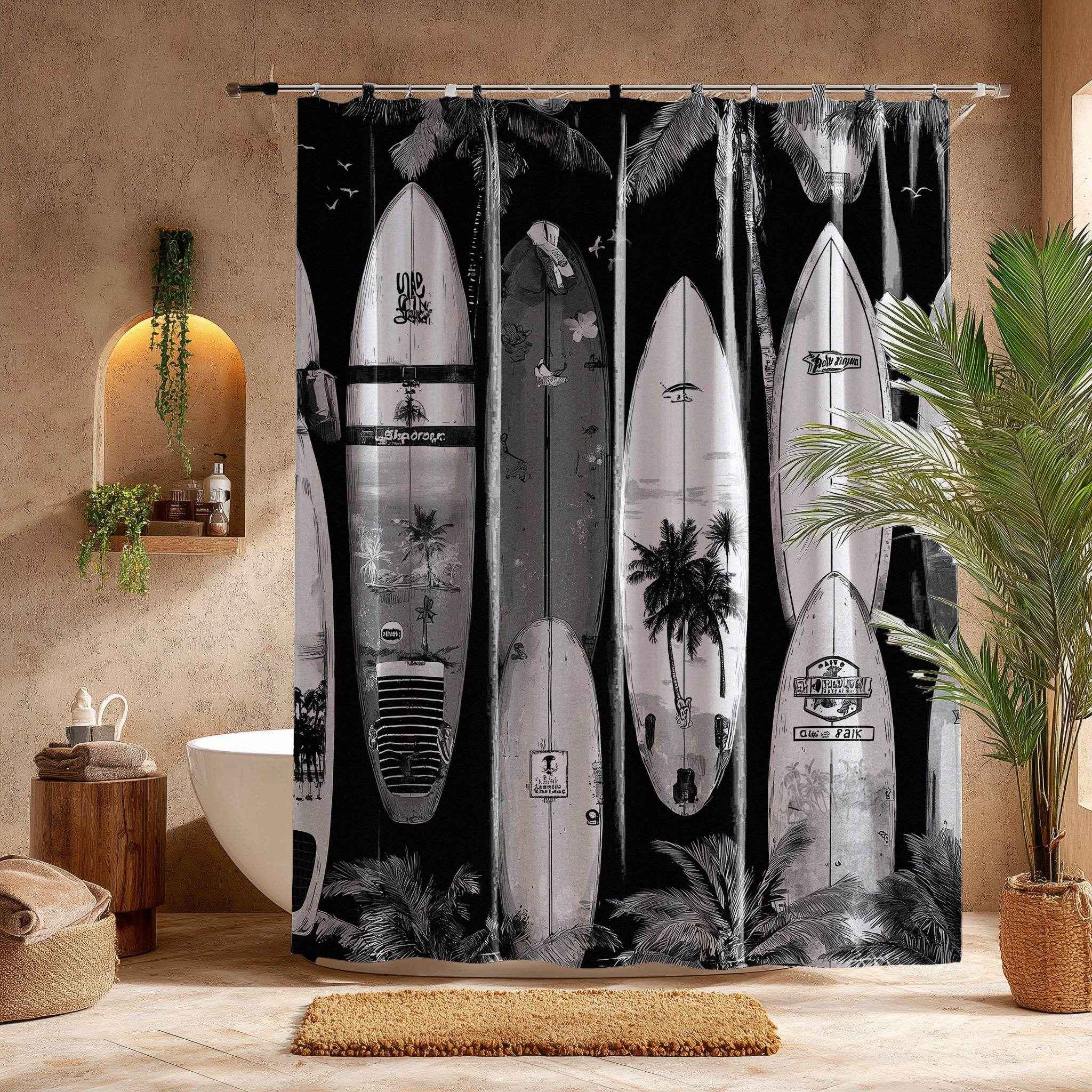 Surfboard Shower Curtain, Beach Decor, Tropical Bathroom Accessories, Surfing Theme, Ideal Gift for Surfers