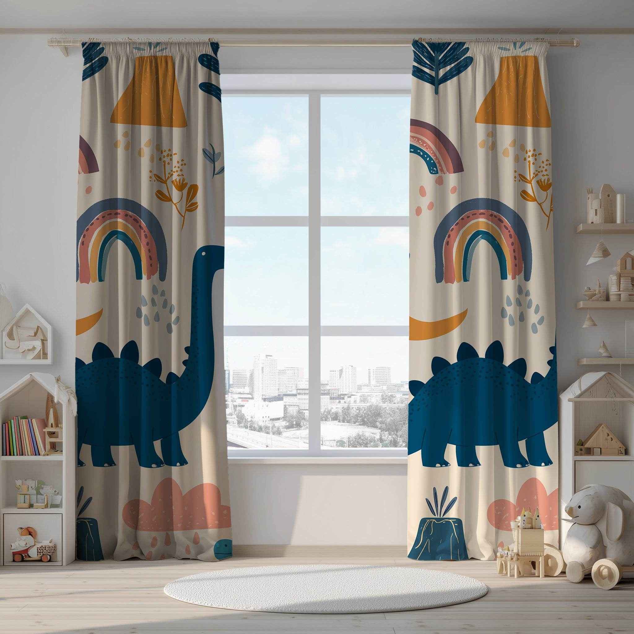 Dinosaur Window Curtain - Playful Kids Room Decor, Child's Bedroom, Nursery Drapes, Colorful Curtains for Dinosaurs Lovers