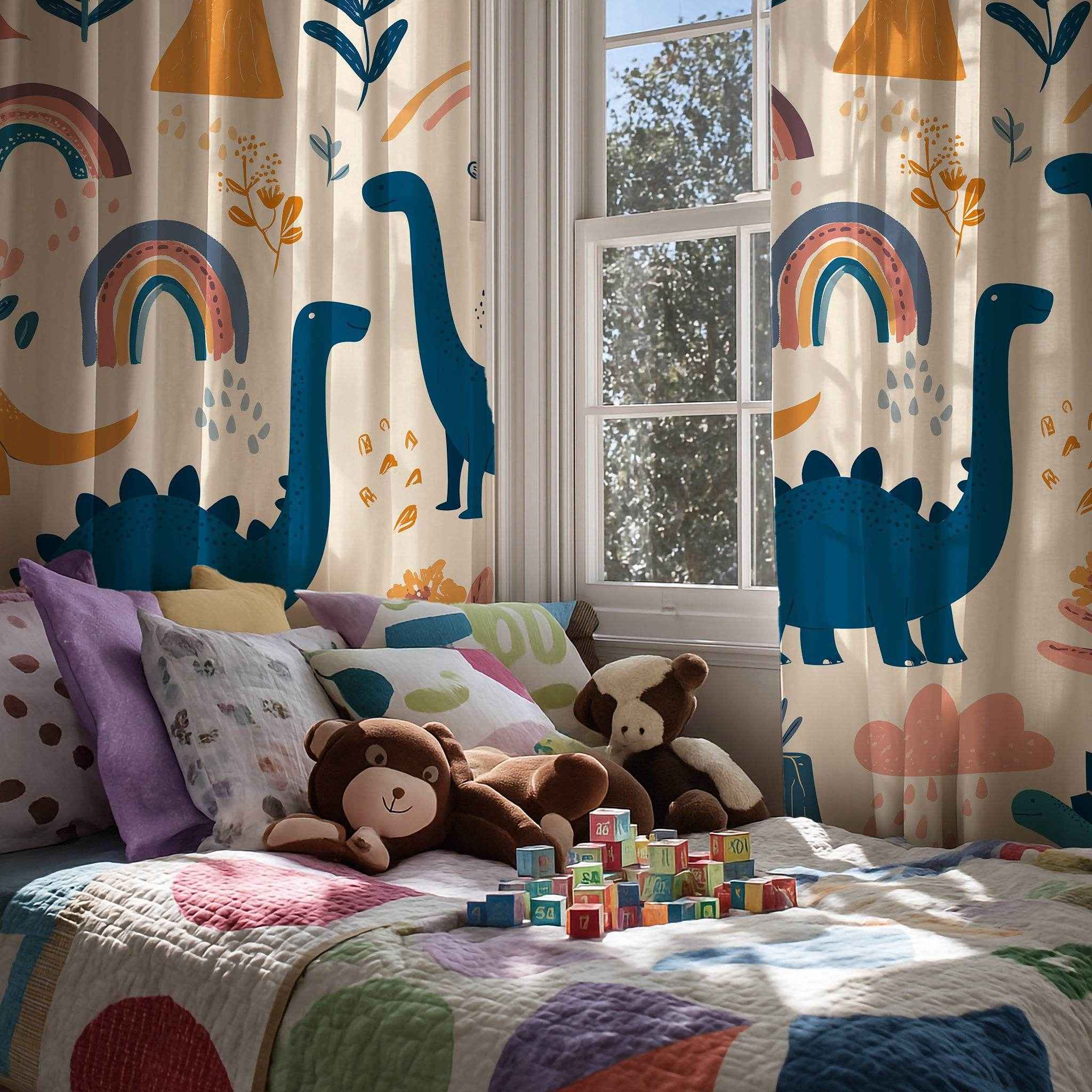 Dinosaur Window Curtain - Playful Kids Room Decor, Child's Bedroom, Nursery Drapes, Colorful Curtains for Dinosaurs Lovers