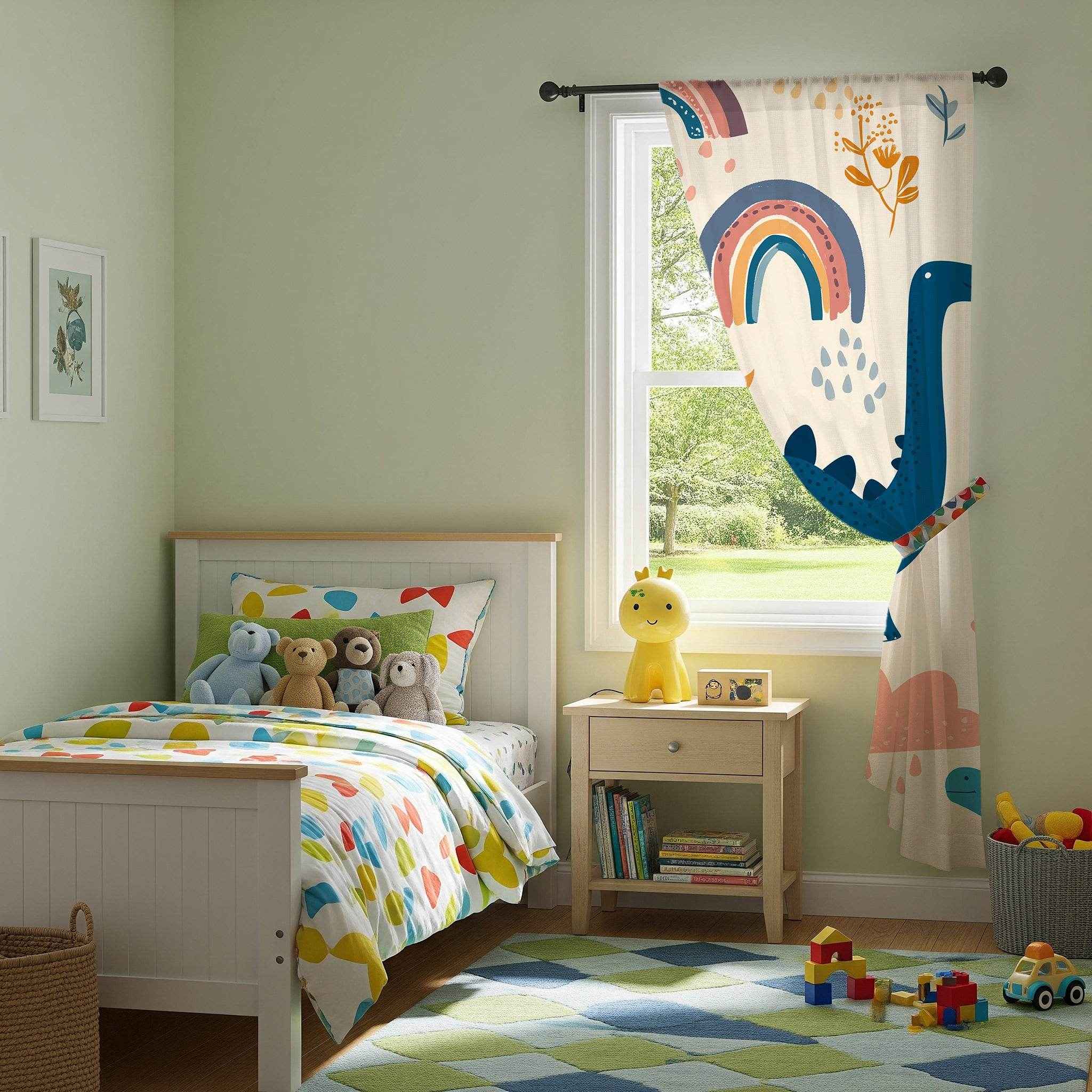 Dinosaur Window Curtain - Playful Kids Room Decor, Child's Bedroom, Nursery Drapes, Colorful Curtains for Dinosaurs Lovers