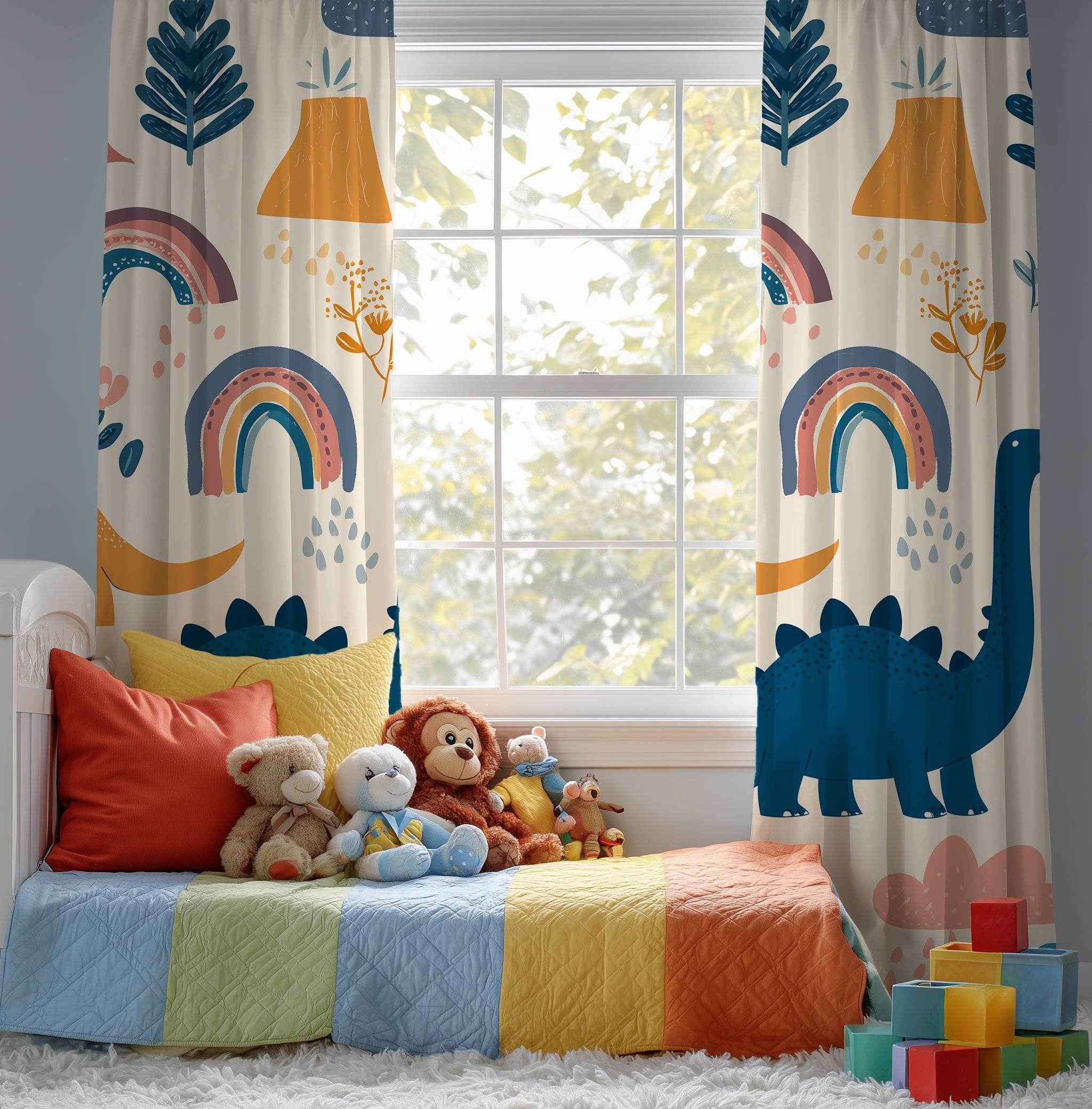 Dinosaur Window Curtain - Playful Kids Room Decor, Child's Bedroom, Nursery Drapes, Colorful Curtains for Dinosaurs Lovers