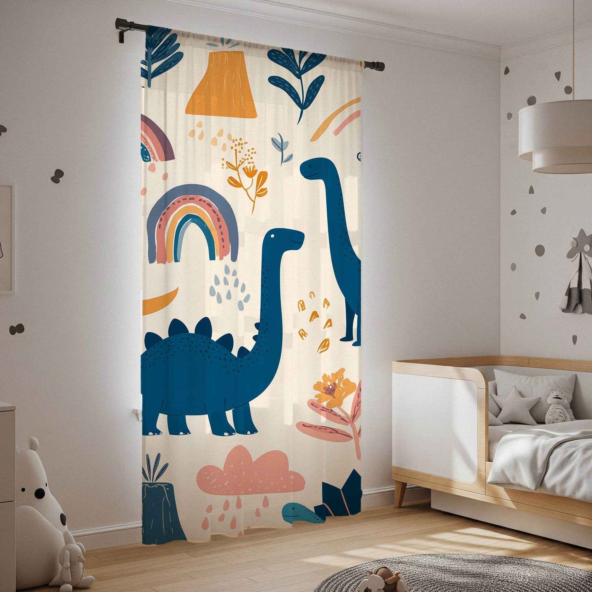 Dinosaur Window Curtain - Playful Kids Room Decor, Child's Bedroom, Nursery Drapes, Colorful Curtains for Dinosaurs Lovers