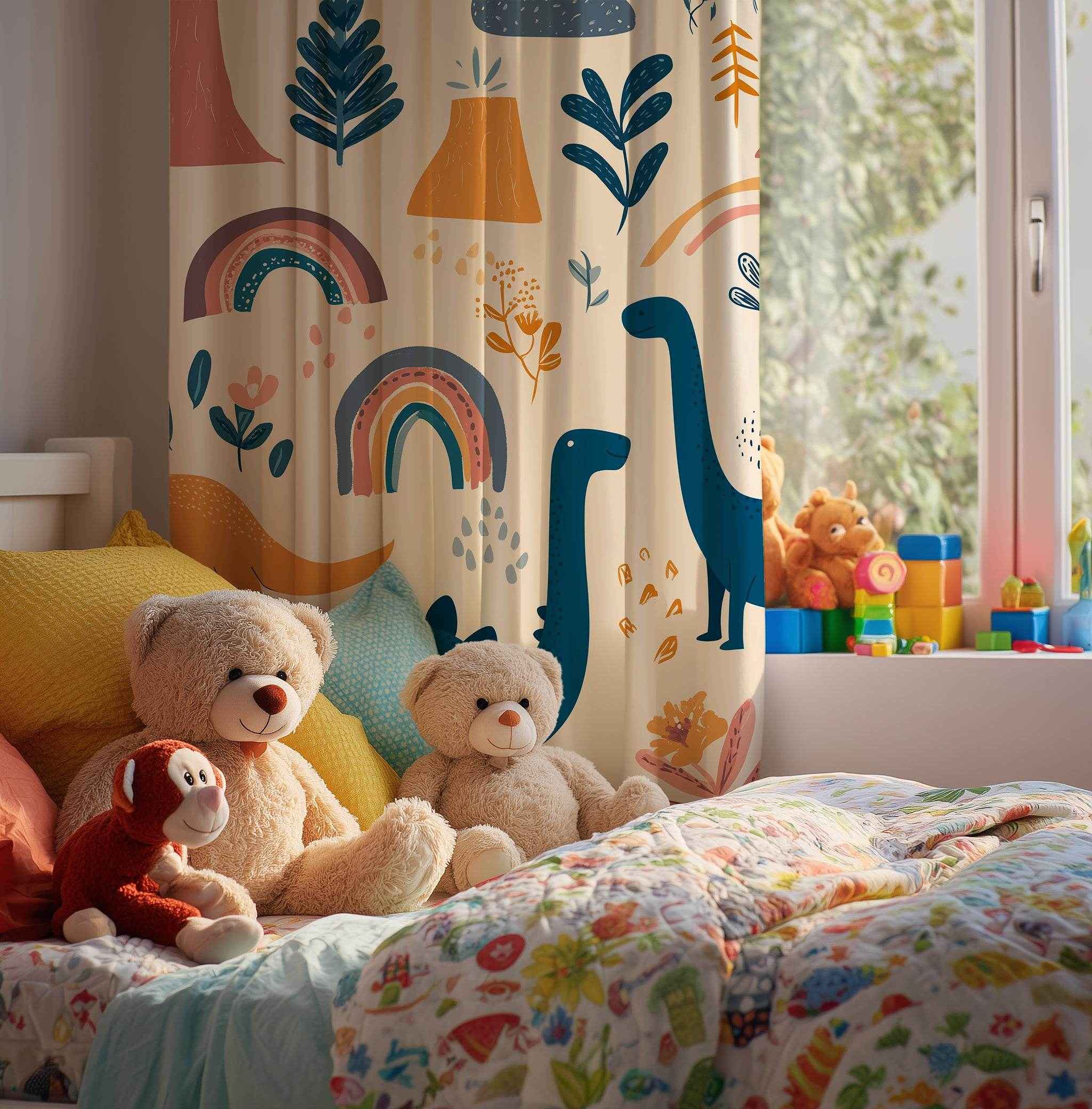 Dinosaur Window Curtain - Playful Kids Room Decor, Child's Bedroom, Nursery Drapes, Colorful Curtains for Dinosaurs Lovers