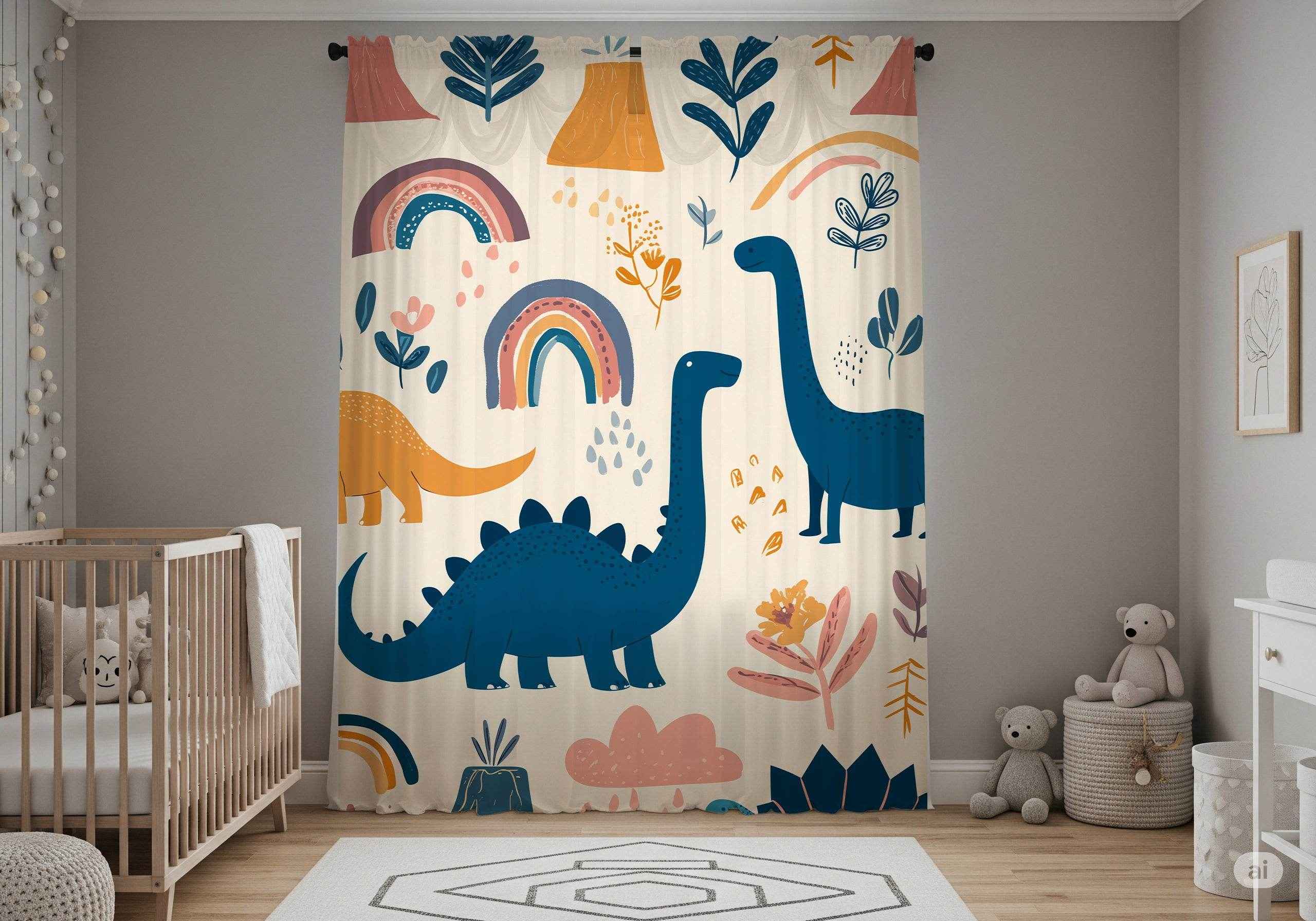Dinosaur Window Curtain - Playful Kids Room Decor, Child's Bedroom, Nursery Drapes, Colorful Curtains for Dinosaurs Lovers