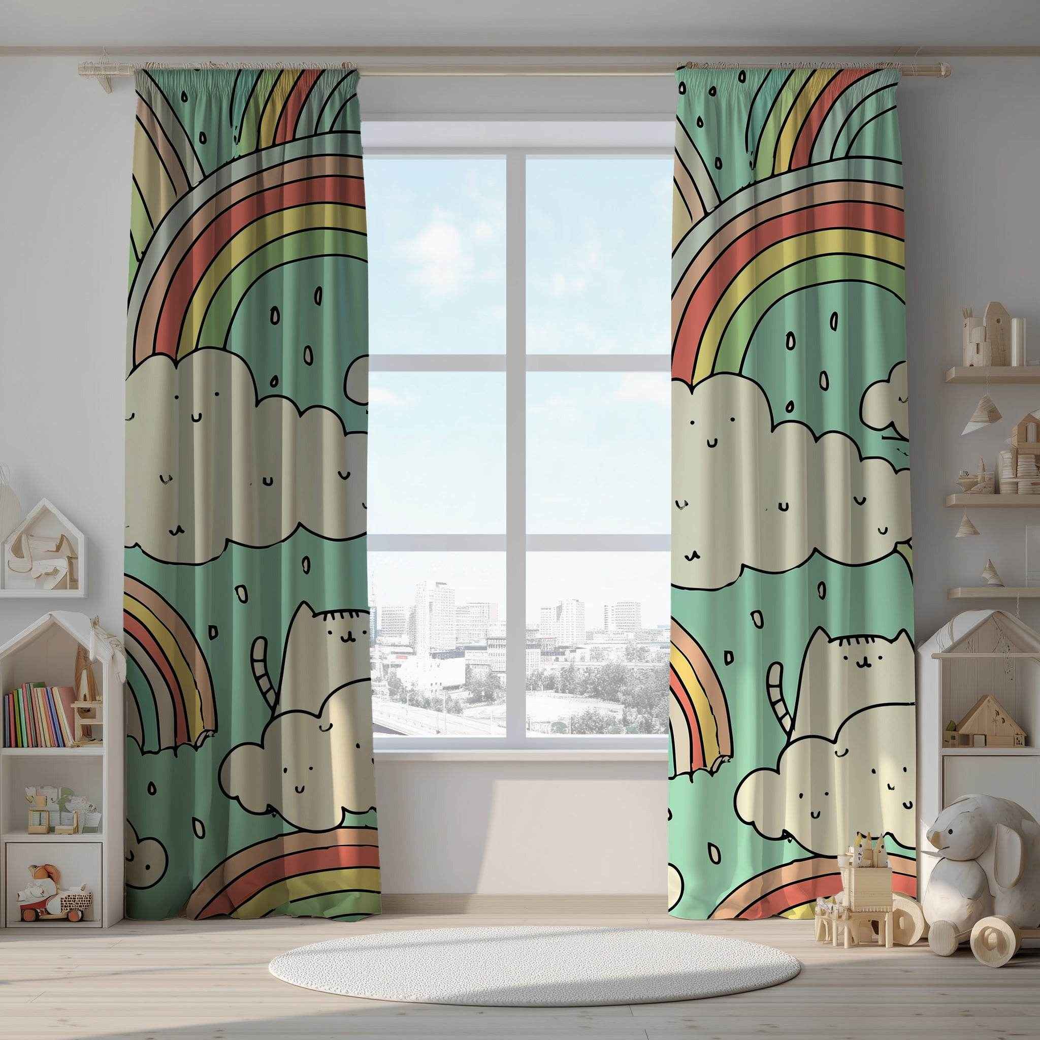 Whimsical Cat Rainbow Curtain, Playful Home Decor, Kids Room Accessories, Window Treatment, Colorful Nursery Curtain