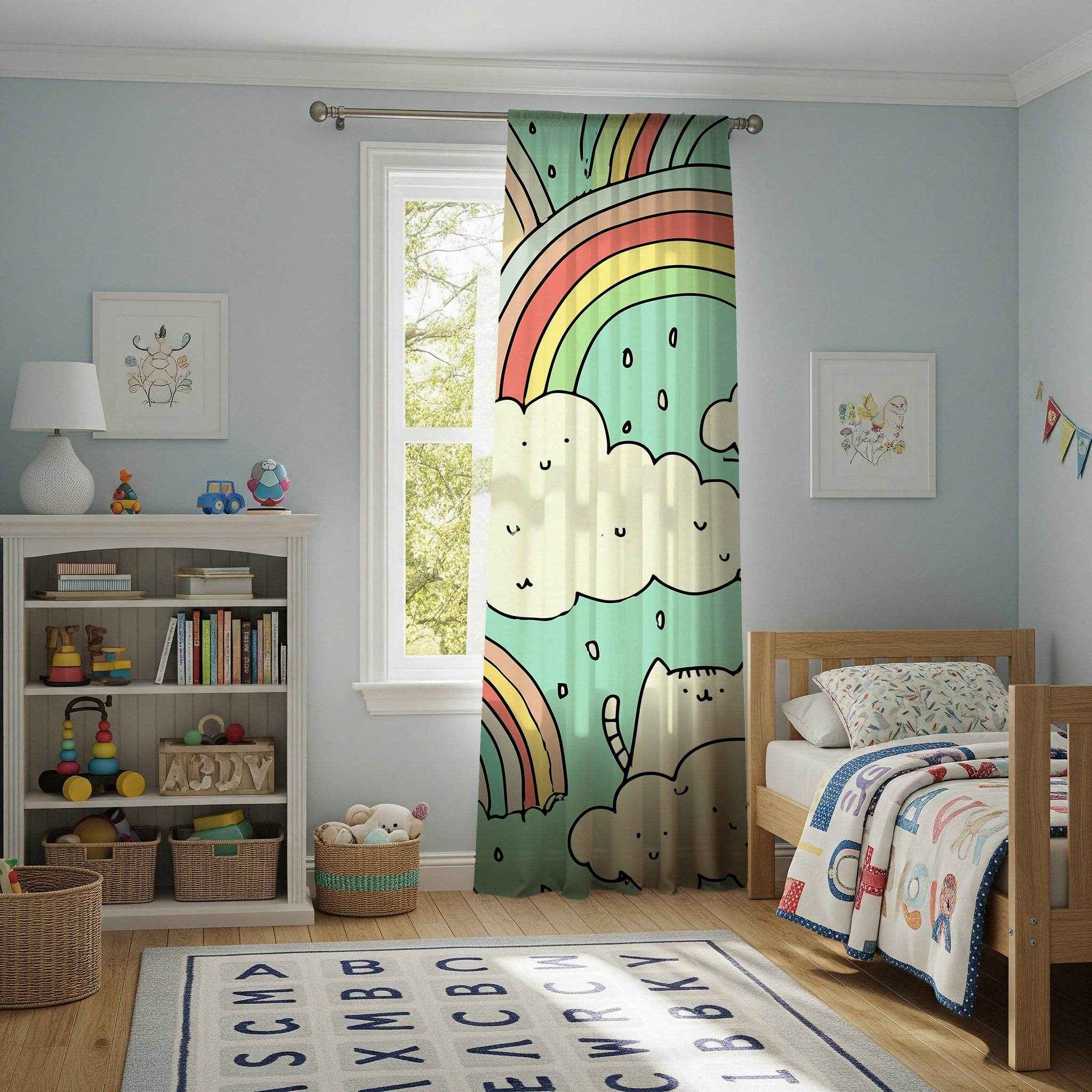 Whimsical Cat Rainbow Curtain, Playful Home Decor, Kids Room Accessories, Window Treatment, Colorful Nursery Curtain