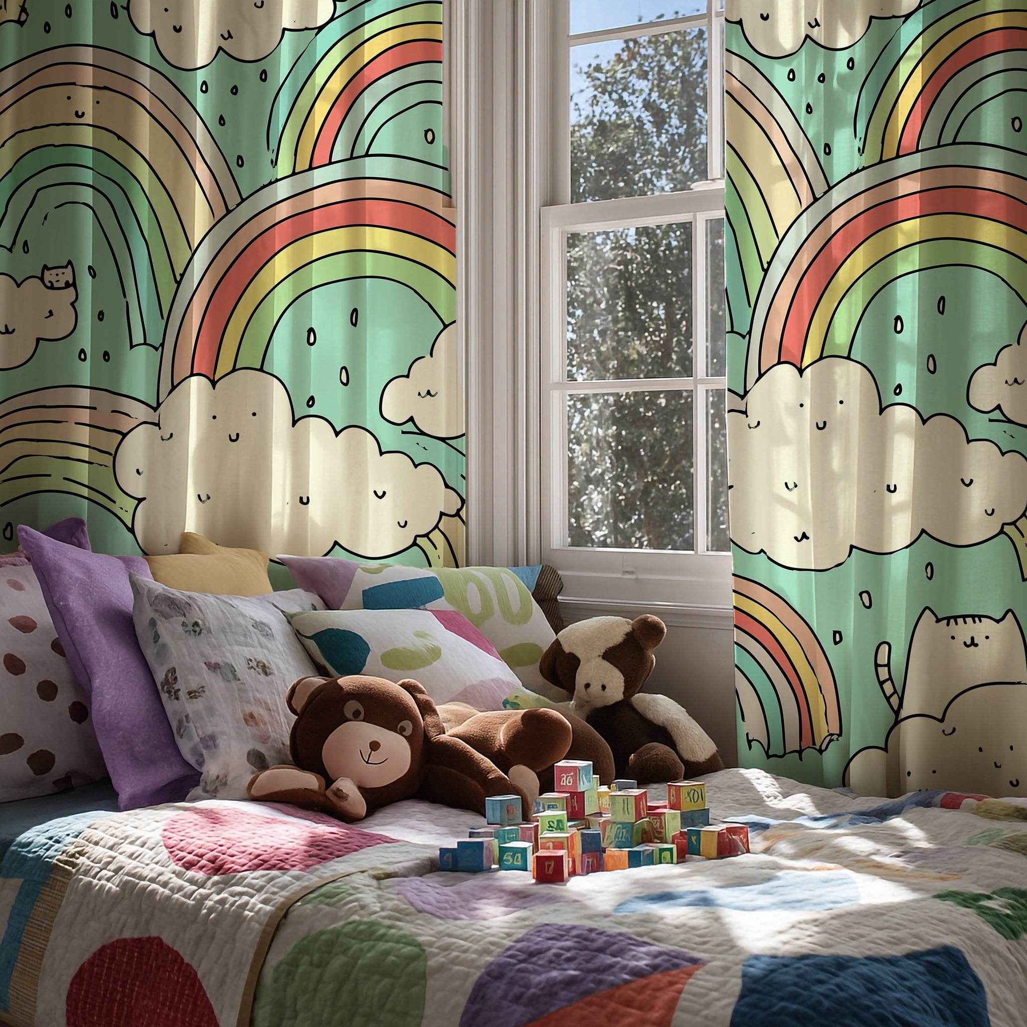 Whimsical Cat Rainbow Curtain, Playful Home Decor, Kids Room Accessories, Window Treatment, Colorful Nursery Curtain