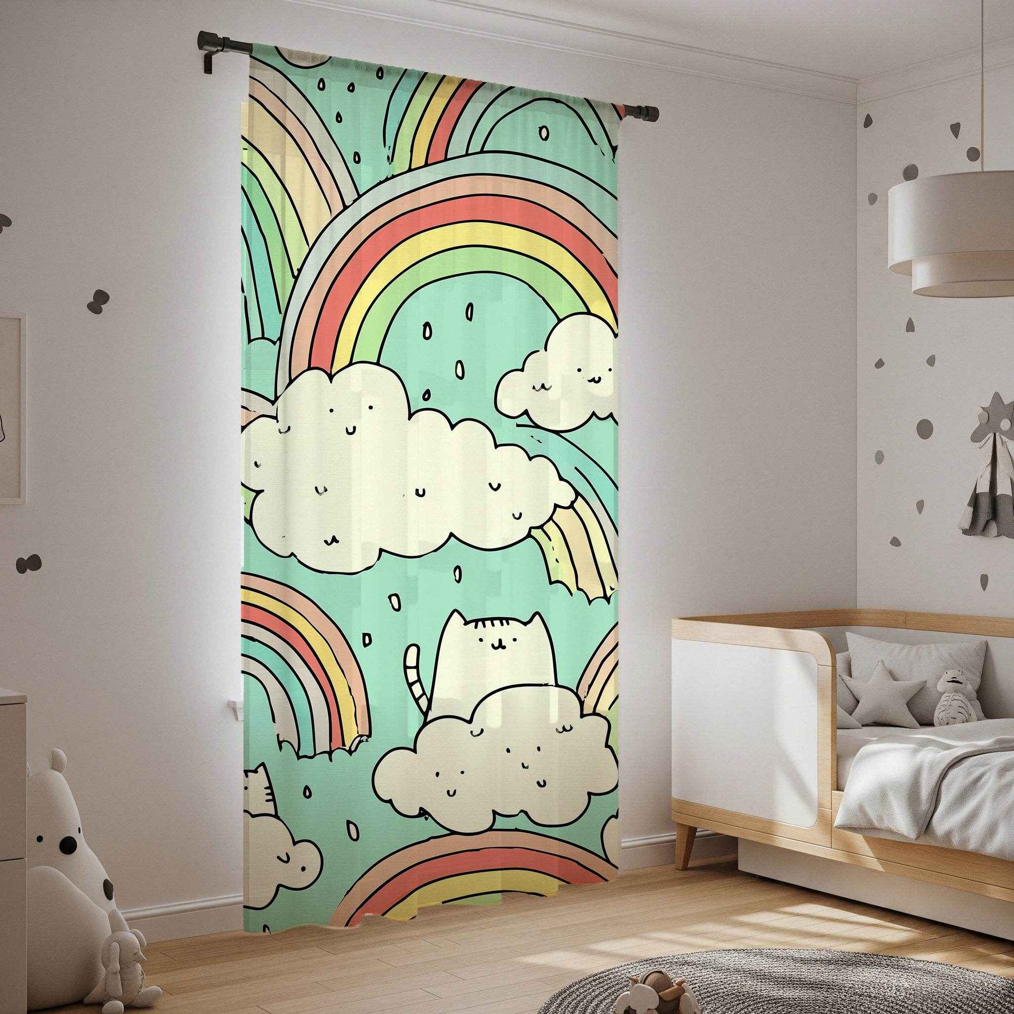 Whimsical Cat Rainbow Curtain, Playful Home Decor, Kids Room Accessories, Window Treatment, Colorful Nursery Curtain