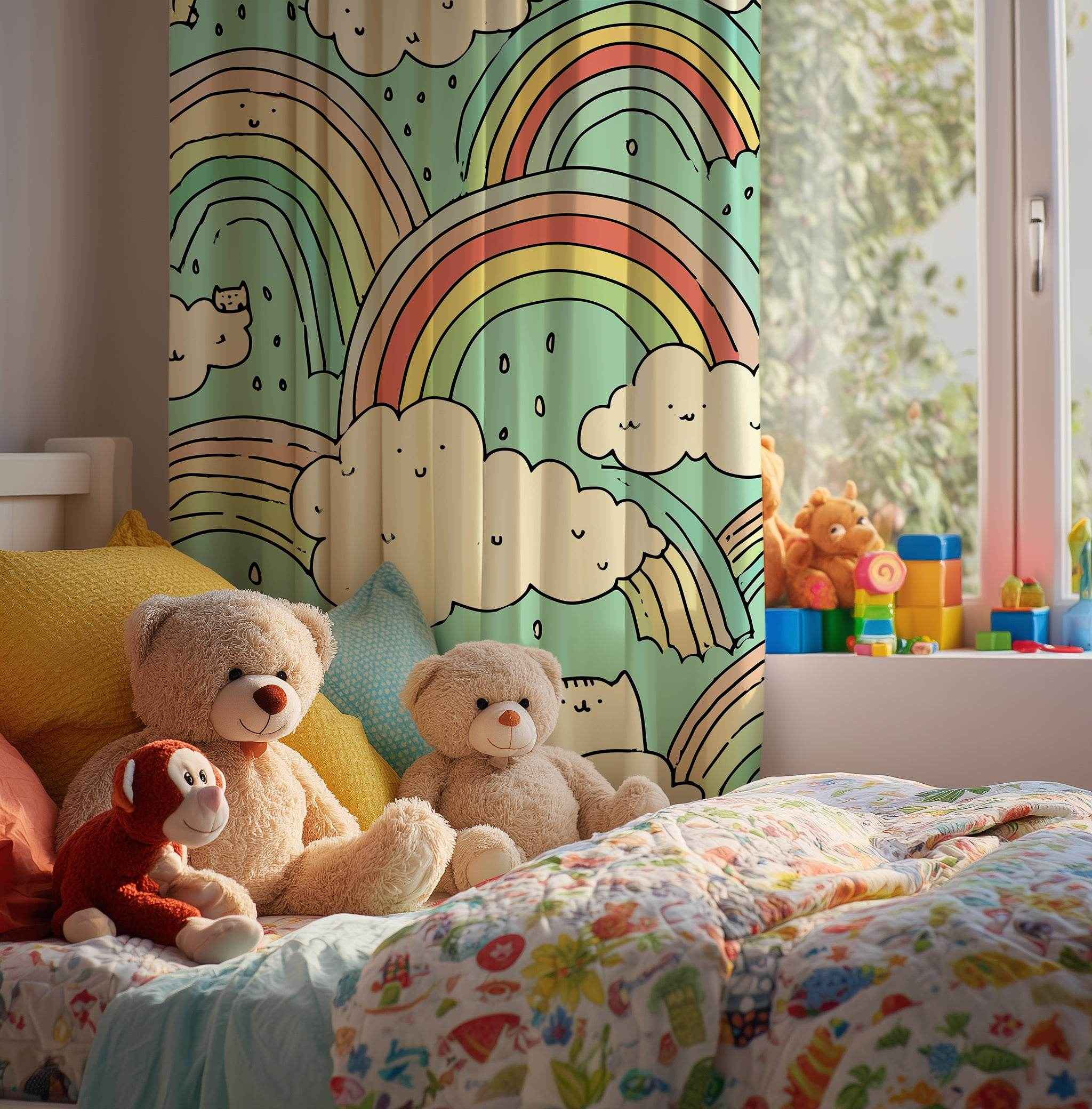 Whimsical Cat Rainbow Curtain, Playful Home Decor, Kids Room Accessories, Window Treatment, Colorful Nursery Curtain